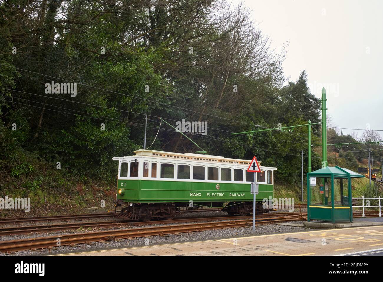 Manx Electric Railway auto numero 21 su una corsa di prova A Laxey Foto Stock