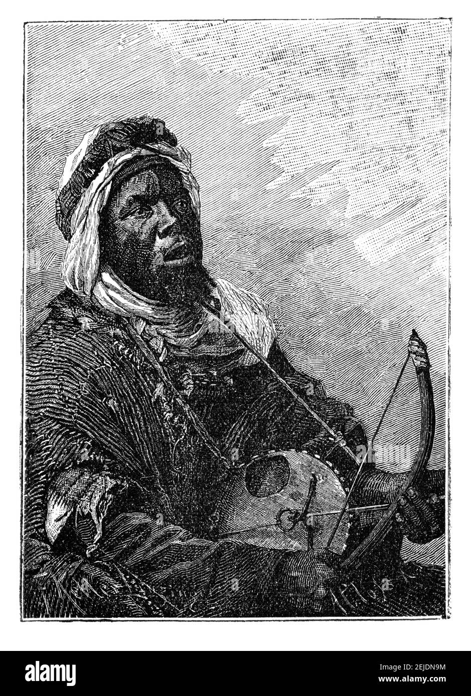 Musicista griot dell'Africa occidentale che suona una canzone.Cultura e storia dell'Africa occidentale. Immagine in bianco e nero d'epoca. 19 ° secolo. Foto Stock