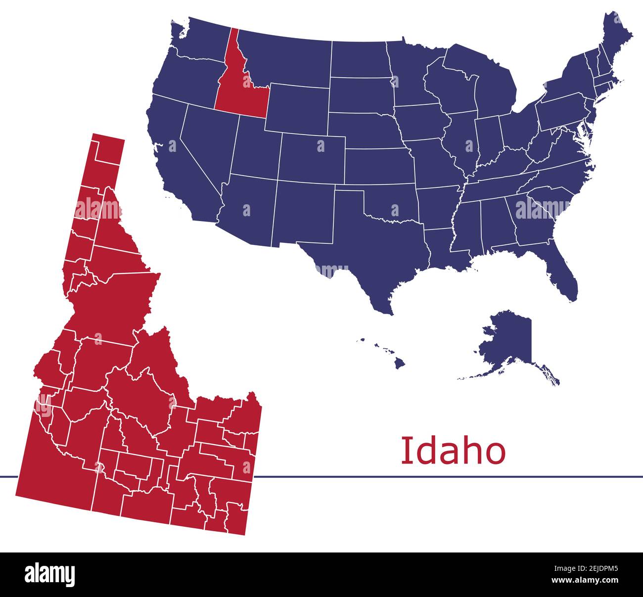 Idaho contee mappa vettoriale con USA mappa colori nazionali allarme Illustrazione Vettoriale