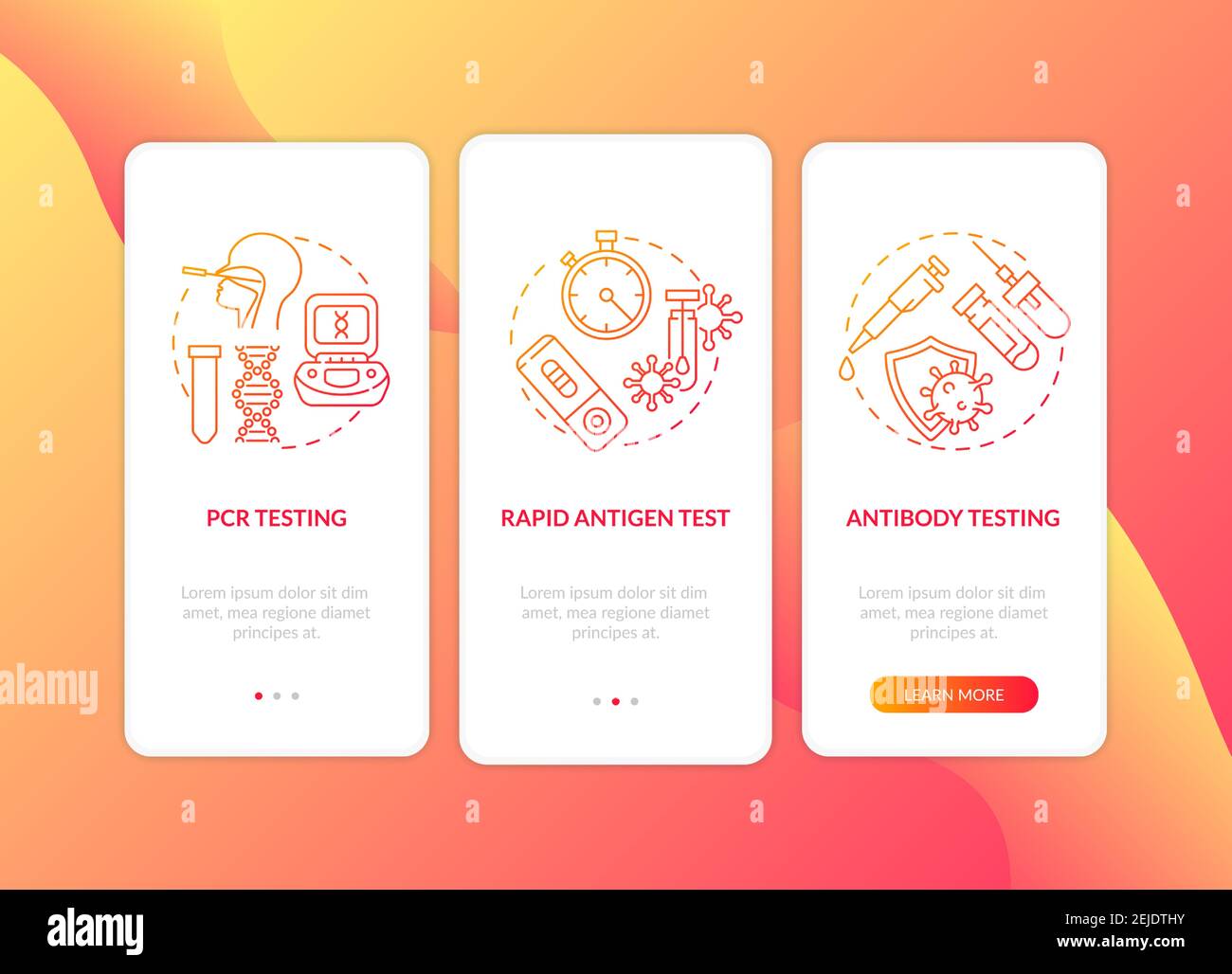 Covid-19 tipi di test onboarding pagina app mobile con concetti Illustrazione Vettoriale