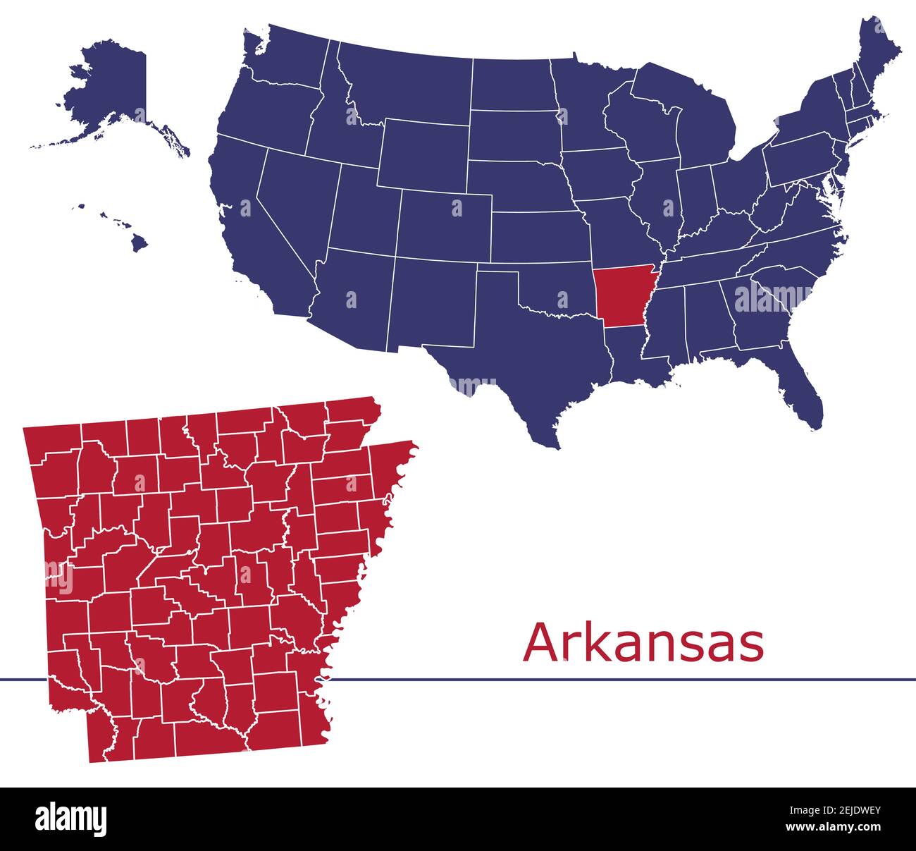 Arkansas contee mappa vettoriale con USA mappa colori nazionali allarme Illustrazione Vettoriale