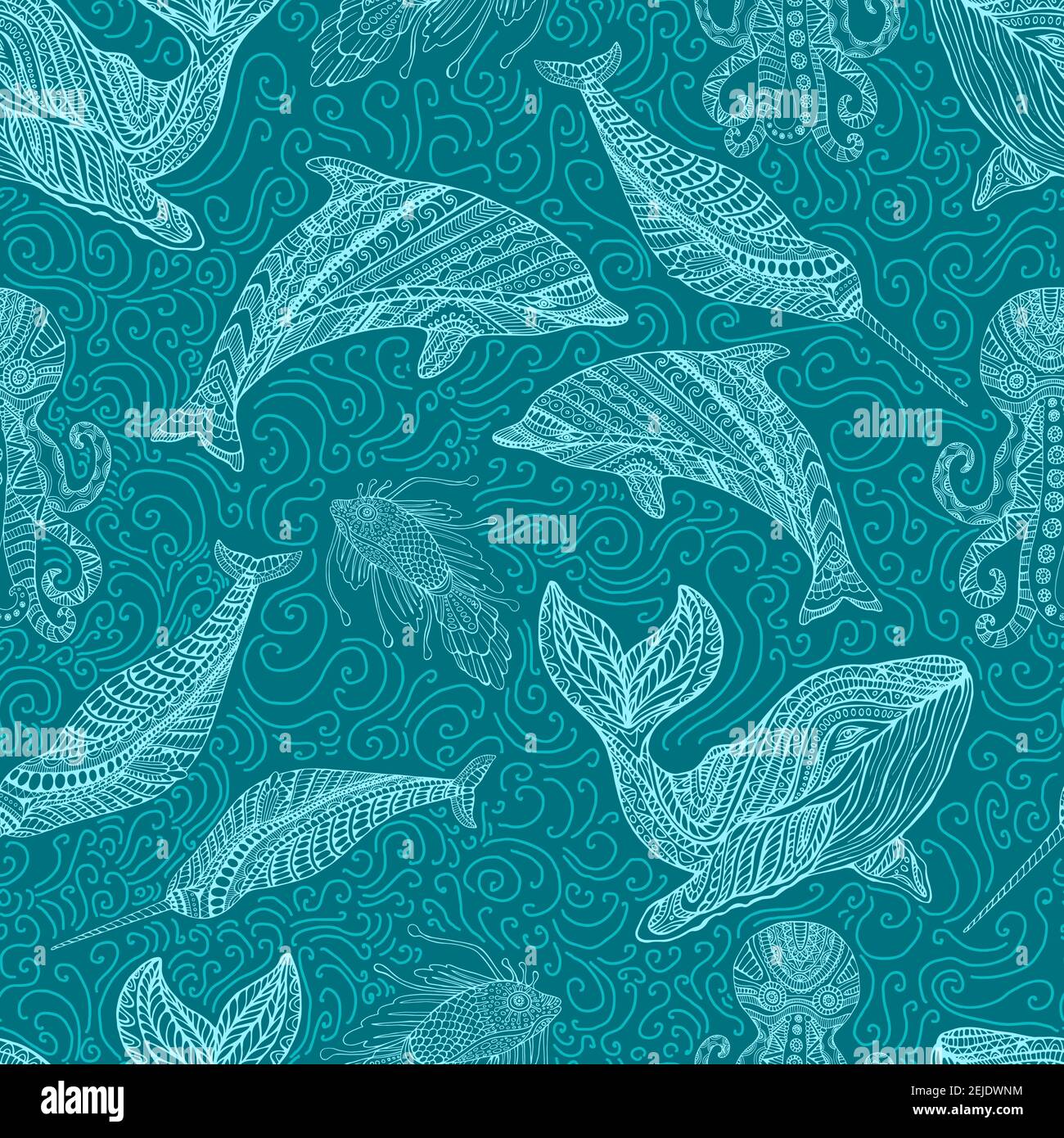 Whale delfino polpo narwhal e pesce ornamentale onde colorate fantasia mare motivo senza giunture, colore del contorno ciano, isolato su blu scuro. Illustrazione Vettoriale
