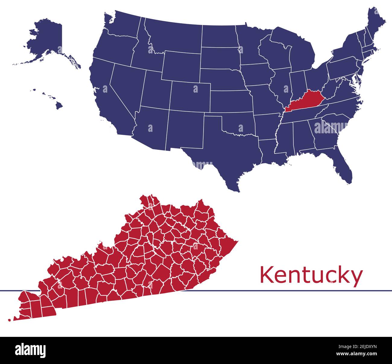 Kentucky contee mappa vettoriale con USA mappa colori nazionali allarme Illustrazione Vettoriale