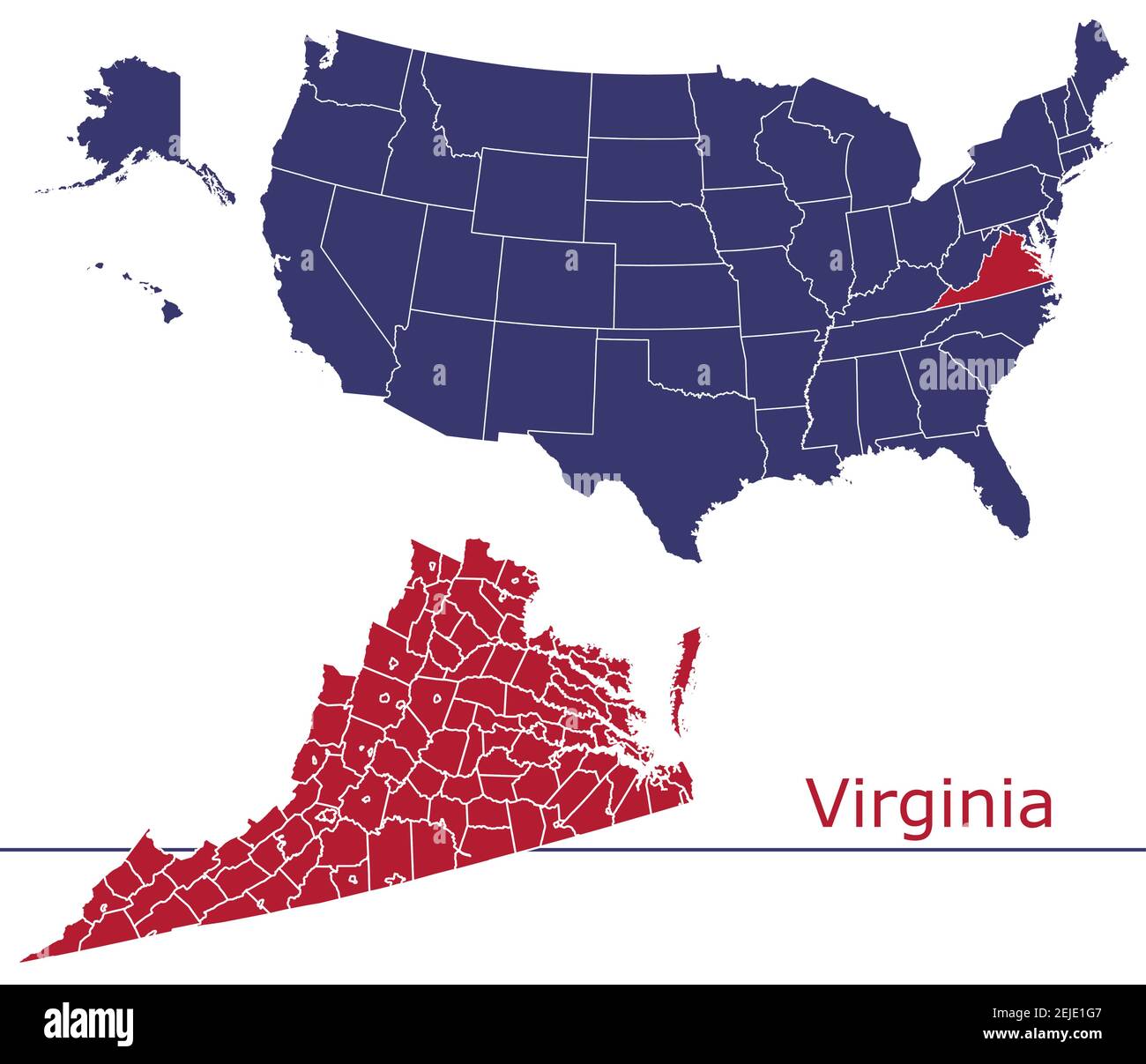 Virginia contee mappa vettoriale contorno con USA mappa colori nazionali allarme Illustrazione Vettoriale