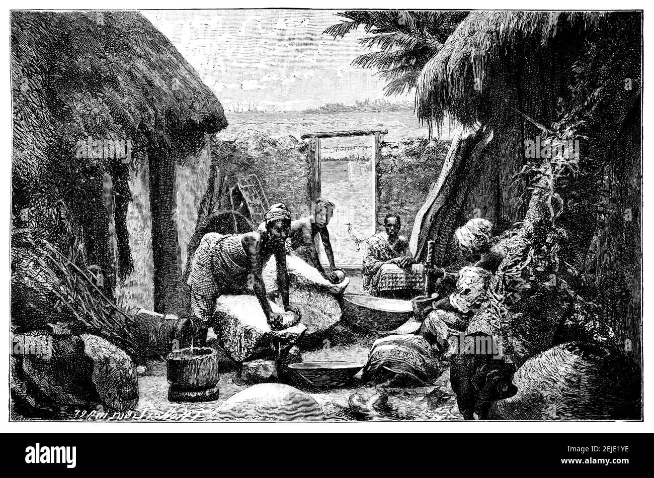 Donne di Accra Milling riso. Oggi Repubblica del Ghana. Cultura e storia dell'Africa occidentale. Immagine in bianco e nero d'epoca. 19 ° secolo. Foto Stock