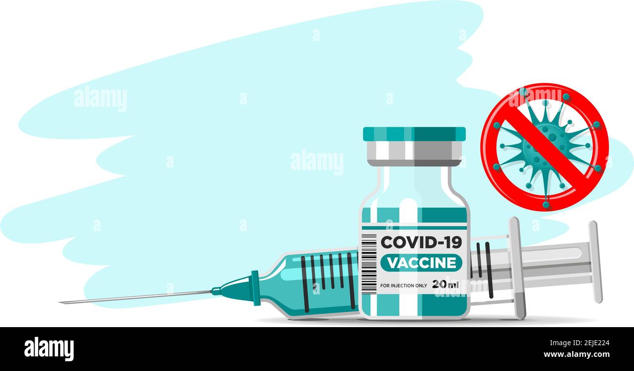 Covid-19 concetto di vaccinazione con Coronavirus. Flaconcino e siringa di vaccino. Vettore su sfondo trasparente Illustrazione Vettoriale