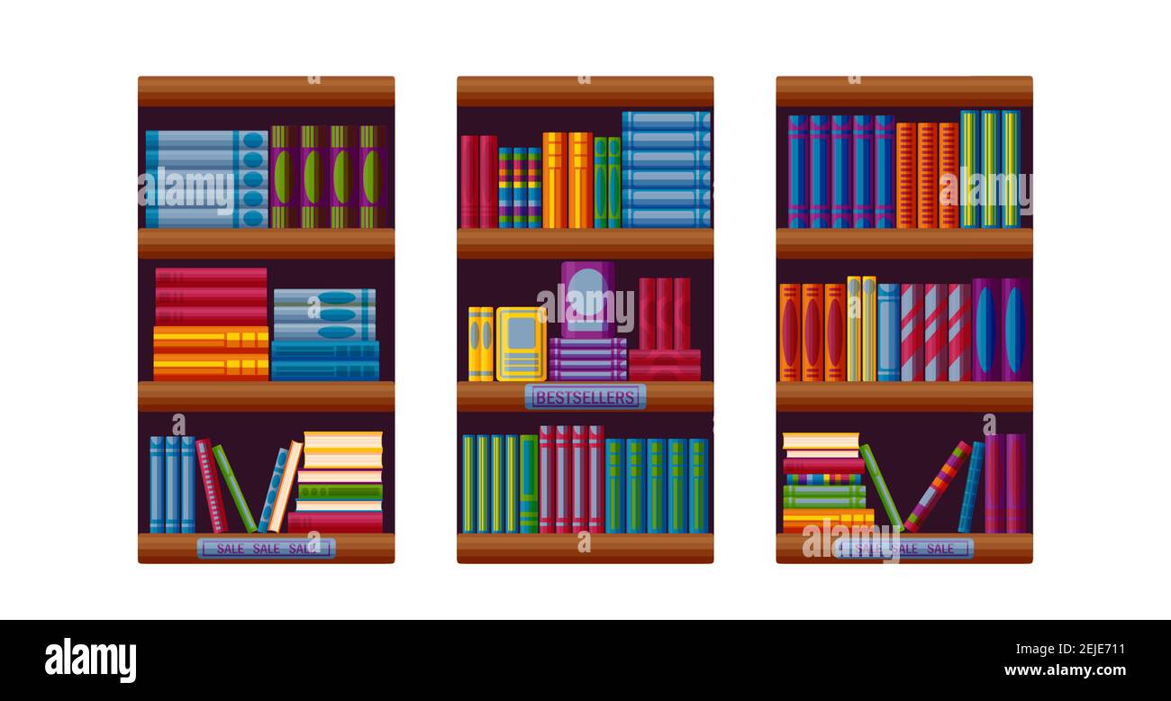 Scaffali per librerie con i più venduti e opzioni di vendita. Set per scaffali libreria in stile cartoon. Illustrazione vettoriale su sfondo bianco Illustrazione Vettoriale