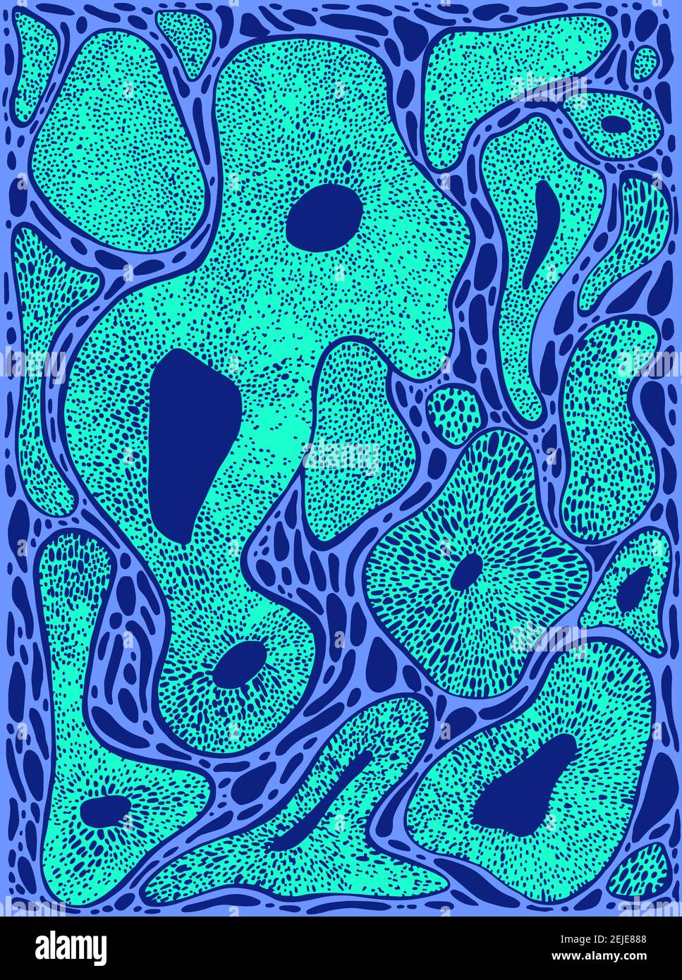 Colorato sfondo astratto con forme coralline, linee, macchie blu turchese colore. Illustrazione Vettoriale