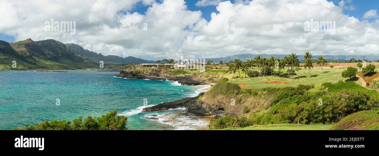 Campo da golf a Coast, porto di Nawiliwili, Lihue, Contea di Kauai, Hawaii, STATI UNITI Foto Stock