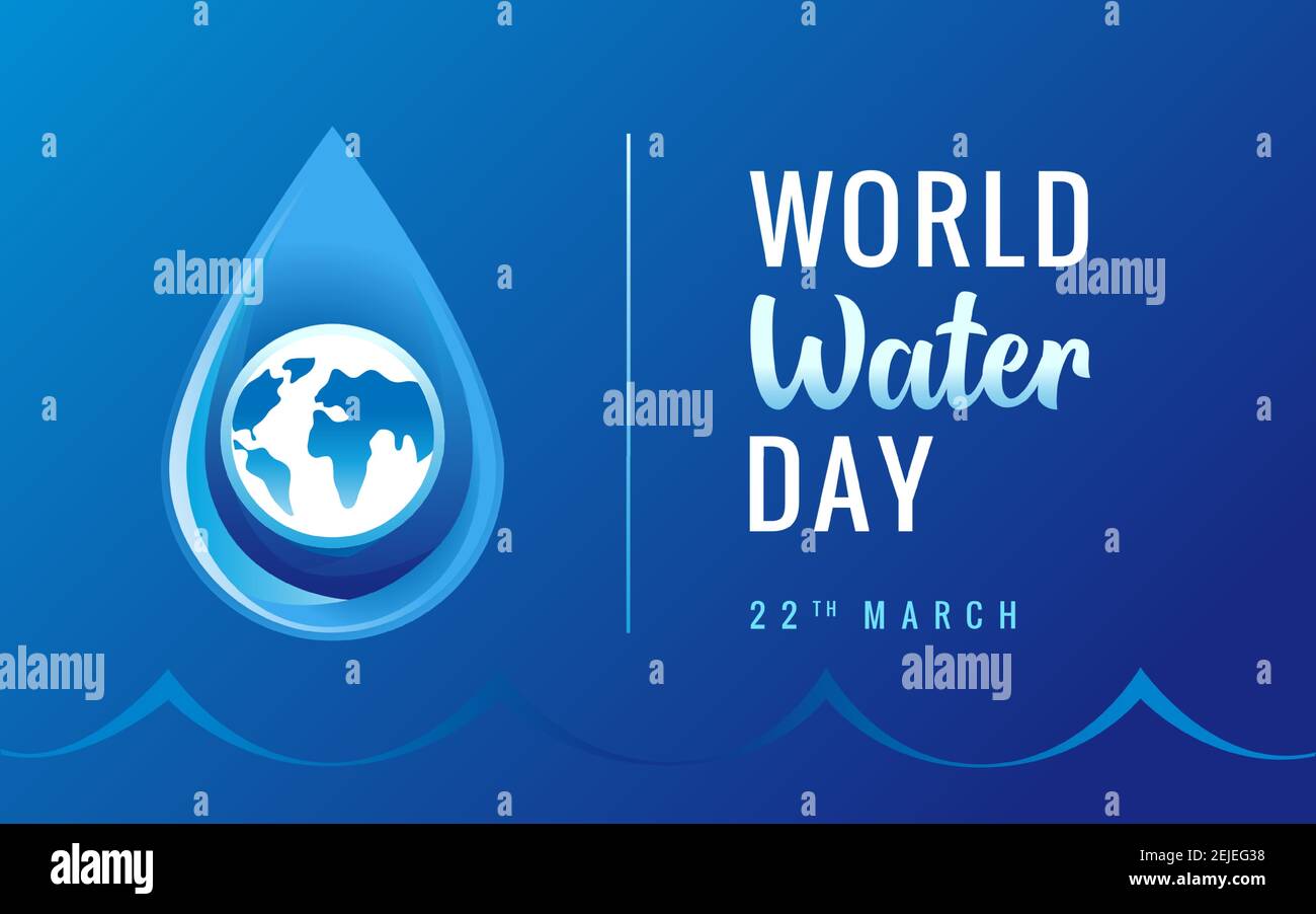 Goccia d'acqua e parola, icona creativa. Stile luminoso in vetro colorato blu logotipo concetto. Banner Internet World Water Day, 22 marzo, creativo ele Illustrazione Vettoriale