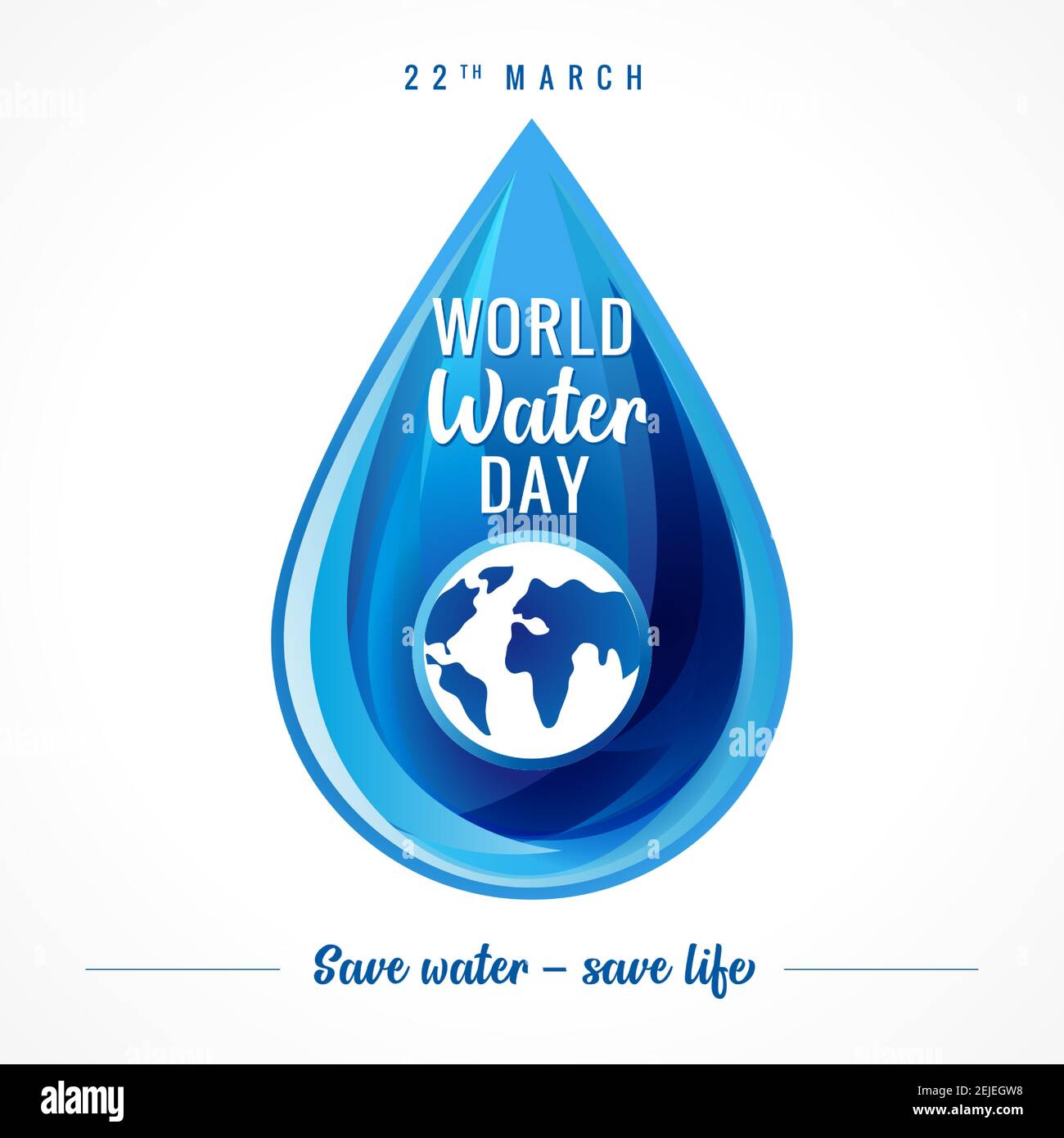 Goccia d'acqua e parola, icona creativa. Stile luminoso in vetro colorato blu logotipo concetto. Banner Internet World Water Day, 22 marzo, creativo ele Illustrazione Vettoriale