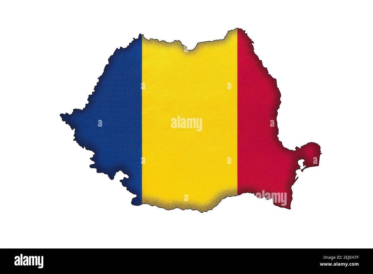 Romania sagoma di confine con bandiera nazionale isolata su sfondo bianco con spazio di copia. Contorno del paese mondiale europeo sulla mappa geografica. Romania Foto Stock
