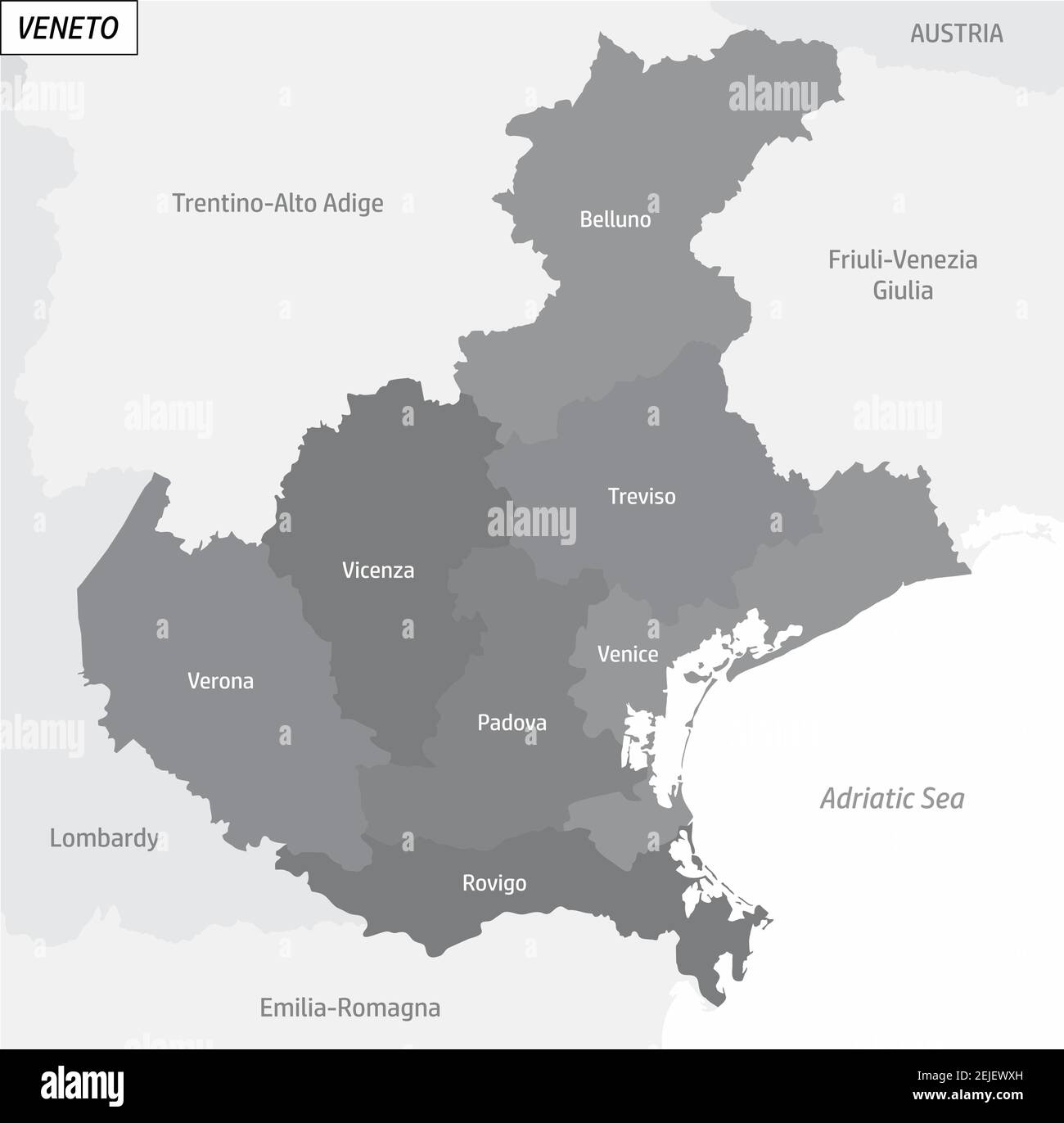 La mappa Veneto in scala di grigi divisa in aree amministrative con etichette, Italia Illustrazione Vettoriale