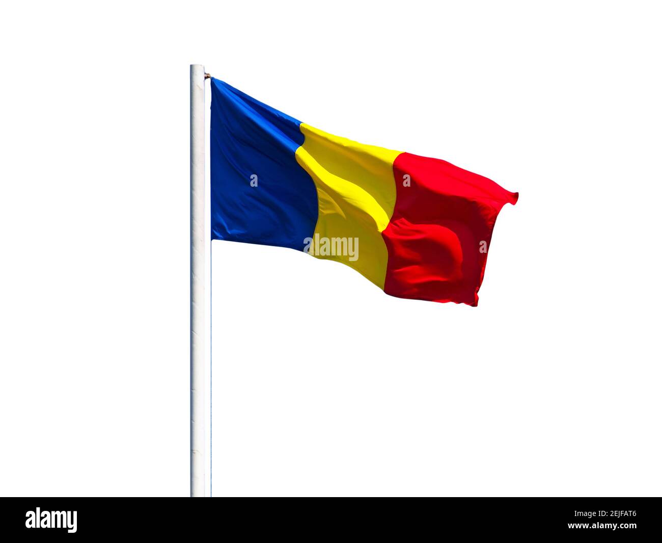 Bandiera rumena sul flagpole isolato su bianco Foto Stock