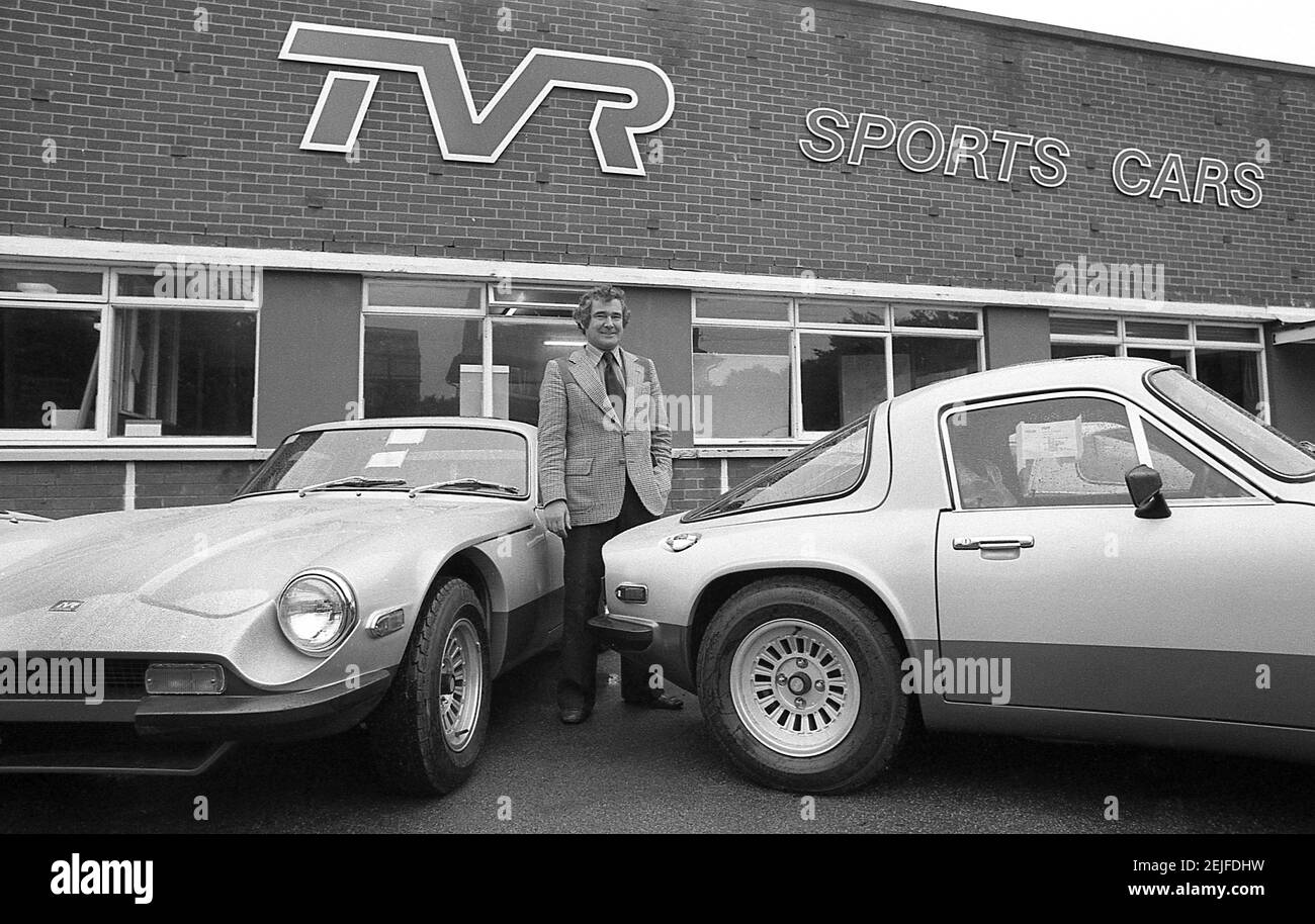 Martin Lilley il proprietario di TVR Sport auto fotografata a. La fabbrica di Blackpool nell'agosto 1978 Foto Stock