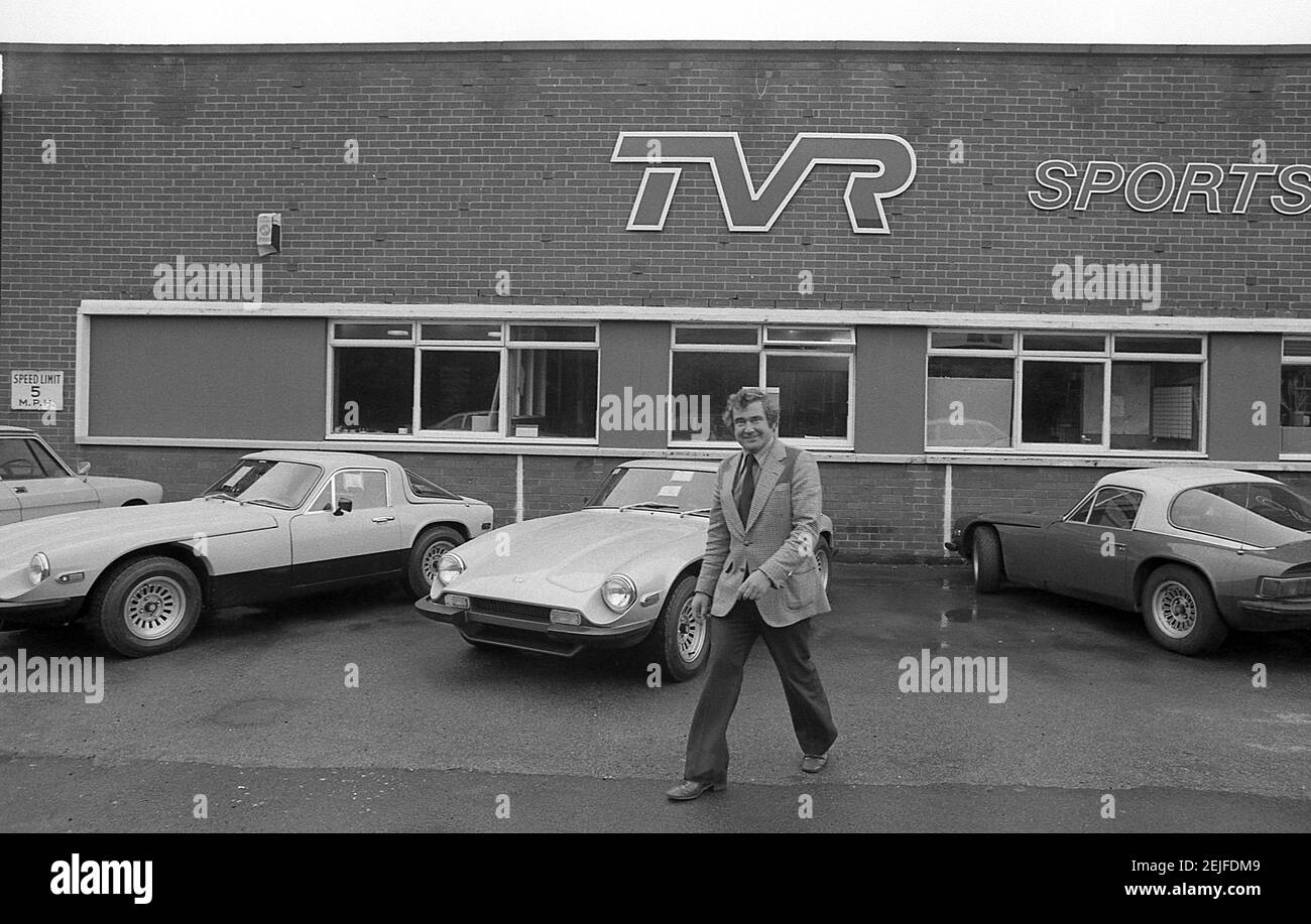 Martin Lilley il proprietario di TVR Sport auto fotografata a. La fabbrica di Blackpool nell'agosto 1978 Foto Stock