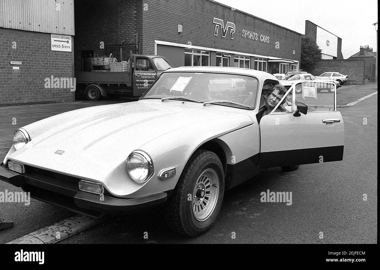Martin Lilley il proprietario di TVR Sport auto fotografata a. La fabbrica di Blackpool nell'agosto 1978 Foto Stock