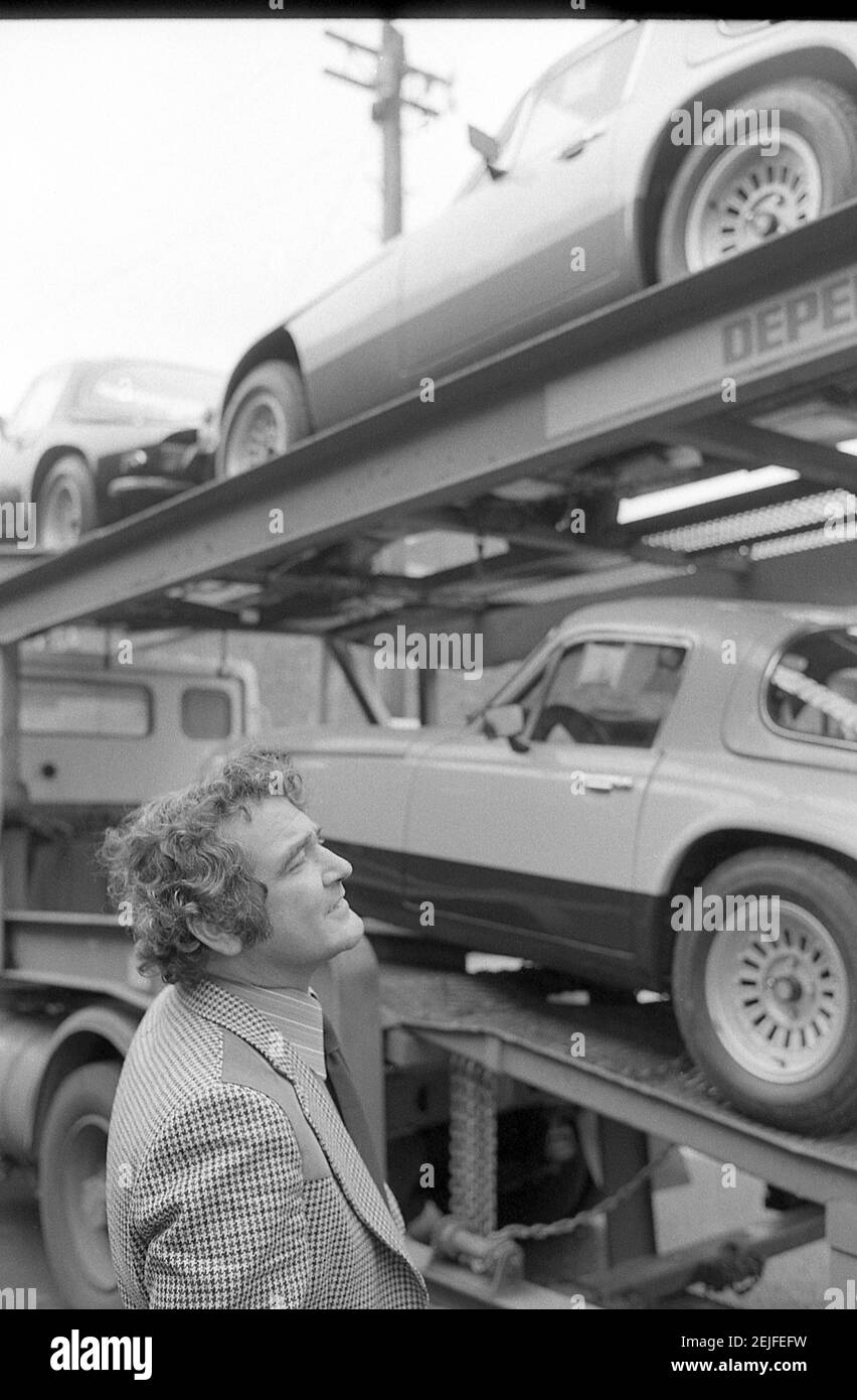 Martin Lilley il proprietario di TVR Sport auto fotografata a. La fabbrica di Blackpool nell'agosto 1978 Foto Stock