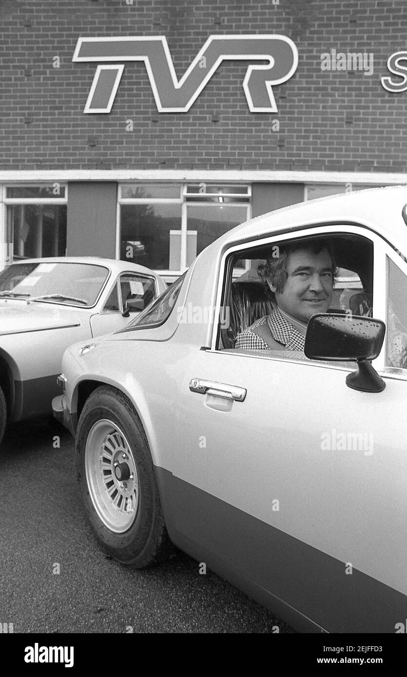 Martin Lilley il proprietario di TVR Sport auto fotografata a. La fabbrica di Blackpool nell'agosto 1978 Foto Stock