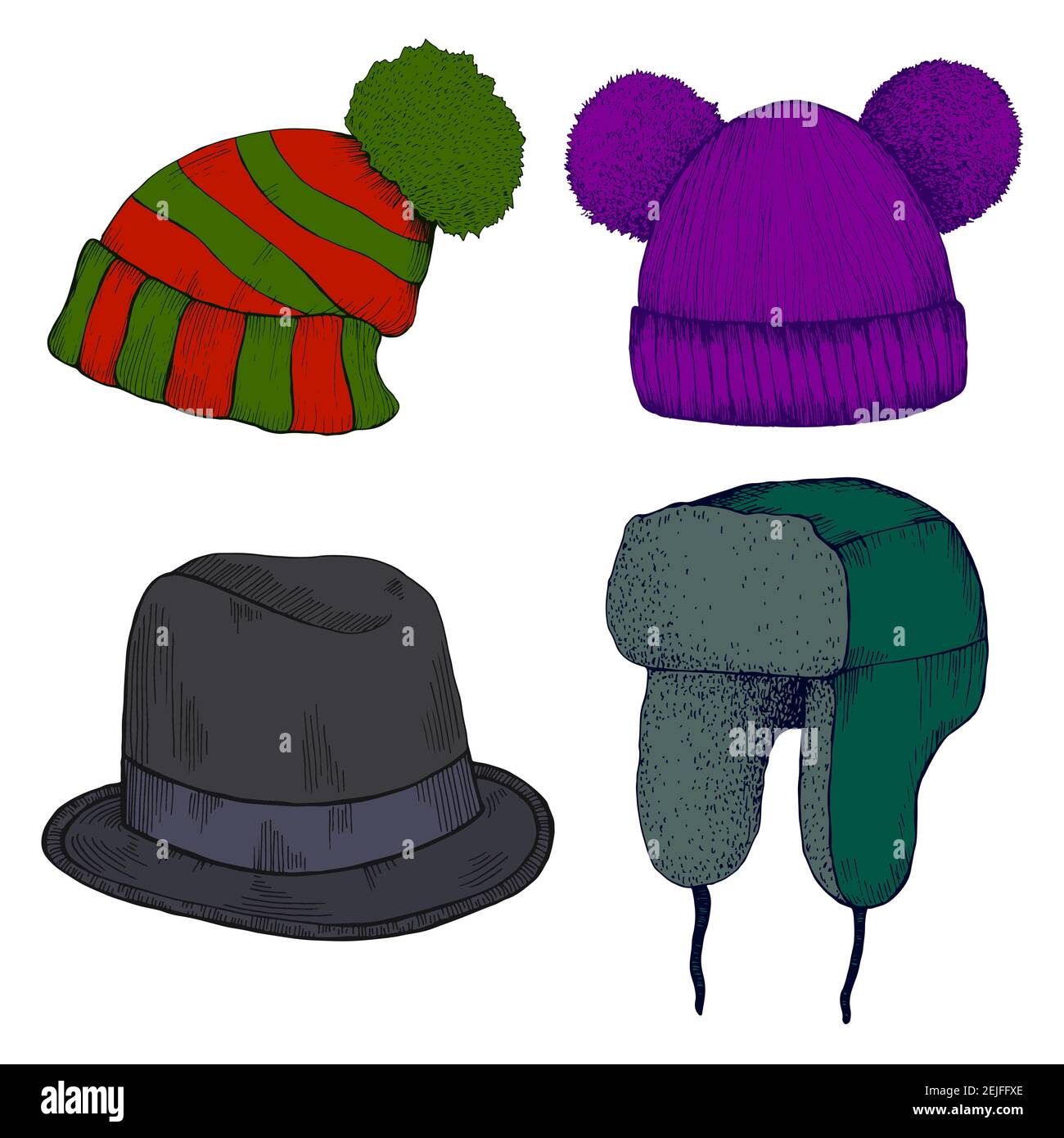 Colorful Headwears doodle stile cartone animato. Set di cappello diverso con pom pom, cappello con alette per le orecchie, cappello divertente con due pom-pom, cappello di Homburg, isolato su Illustrazione Vettoriale