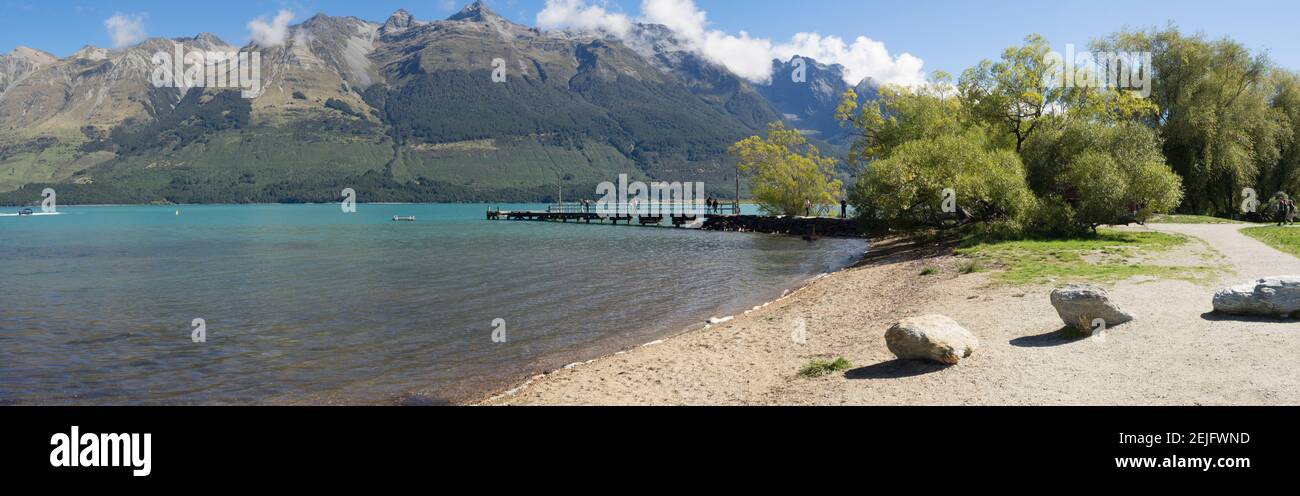 Molo di Glenorchy, Lago Wakatipu, Regione di Otago, Isola del Sud, Nuova Zelanda Foto Stock