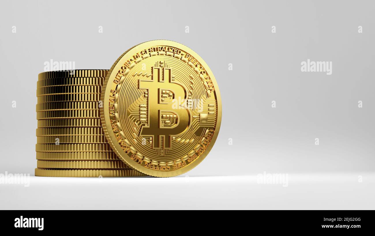 Un Bitcoin fisico accanto a una pila di Bitcoins isolato su uno sfondo  bianco e spazio di copia. Rendering 3D di monete in criptovaluta, scambio  2p2, blocco Foto stock - Alamy