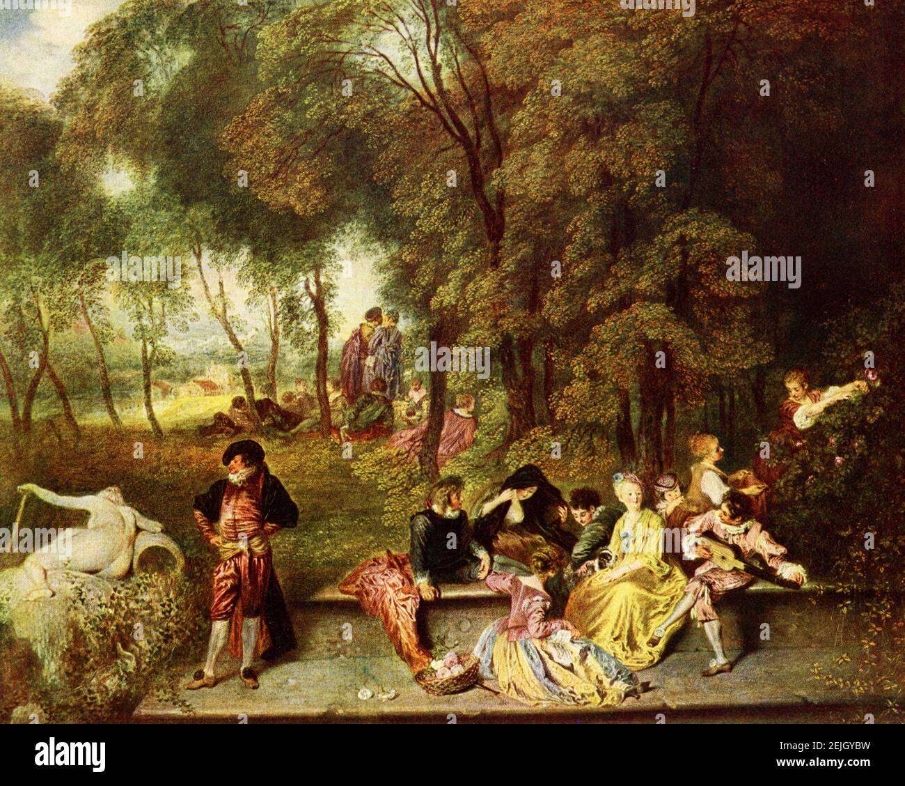Queste immagini mostrano Die Unterhaltung im Freien (incontro all'aria aperta) di Antoine Watteau, ospitato nella Galleria di Stato di Dresda, Germania. Il dipinto risale al 1719. Jean-Antoine Watteau (1684-1721) è stato un pittore e disegnatore francese la cui breve carriera ha spinto il risveglio dell'interesse per il colore e il movimento, come si vede nella tradizione di Correggio e Rubens. Rivitalizzò lo stile barocco in declino, spostandolo al meno severo, più naturalistico, meno formalmente classico, rococo. Foto Stock