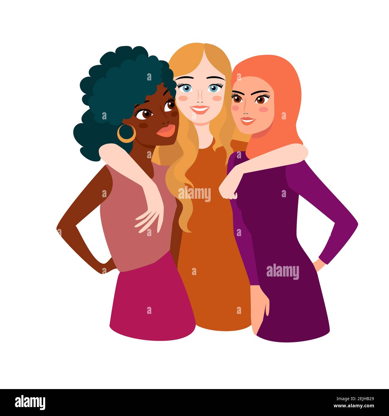 Girlfriends ragazze abbracciare insieme. Design piatto. Vettore Illustrazione Vettoriale