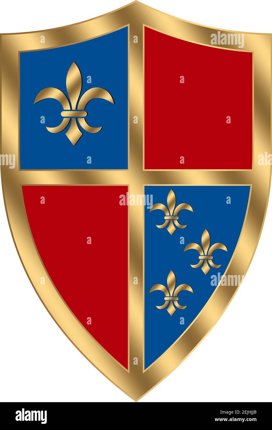 Medievale Cavaliere Shield vettore in oro, rosso e blu su sfondo bianco isolato. Grafica vettoriale incorniciata in oro illustrazione di uno scudo medievale di Wappon. Illustrazione Vettoriale