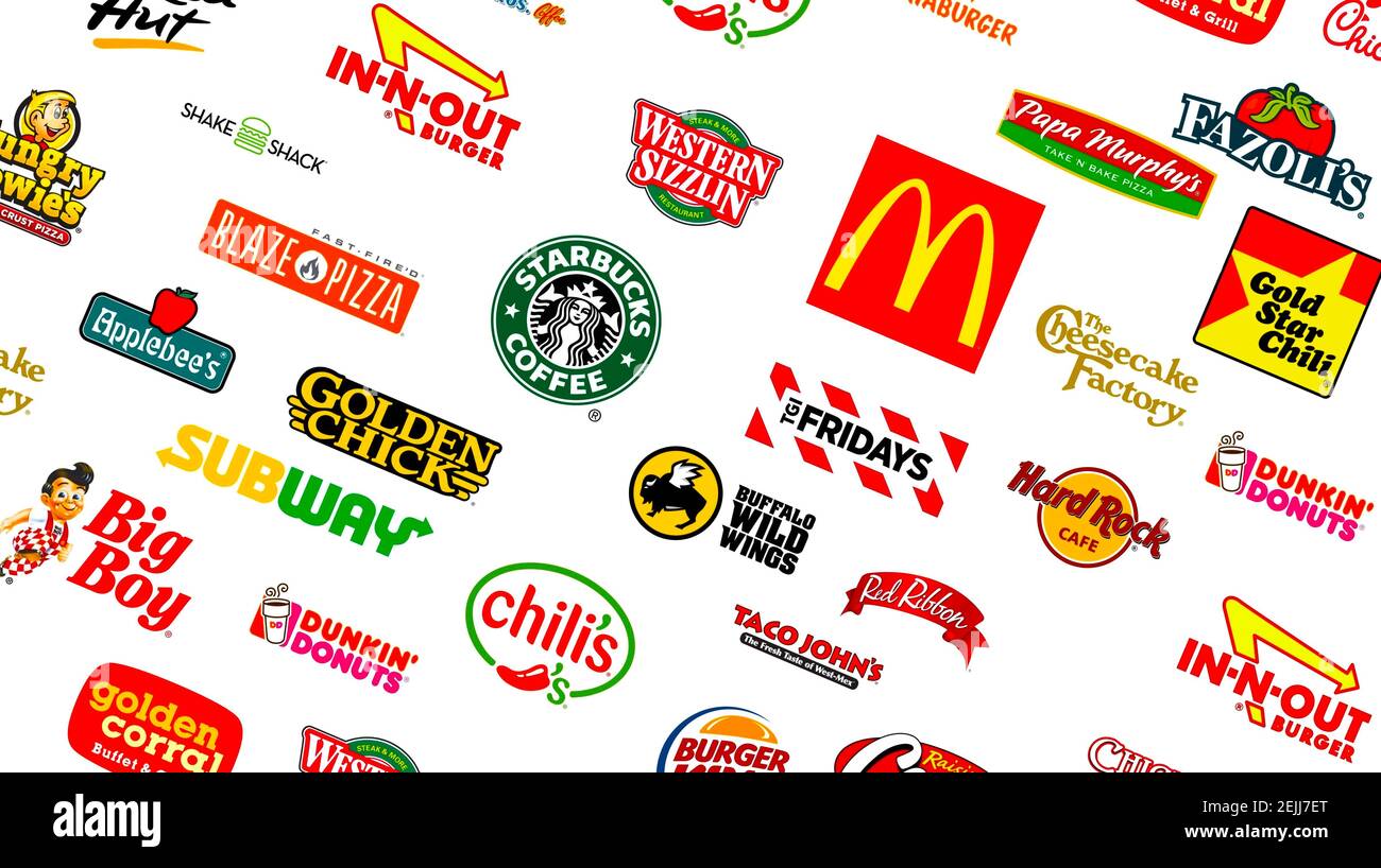 Collezione di logotipi dei più famosi fast-food, ristoranti e caffè Foto Stock