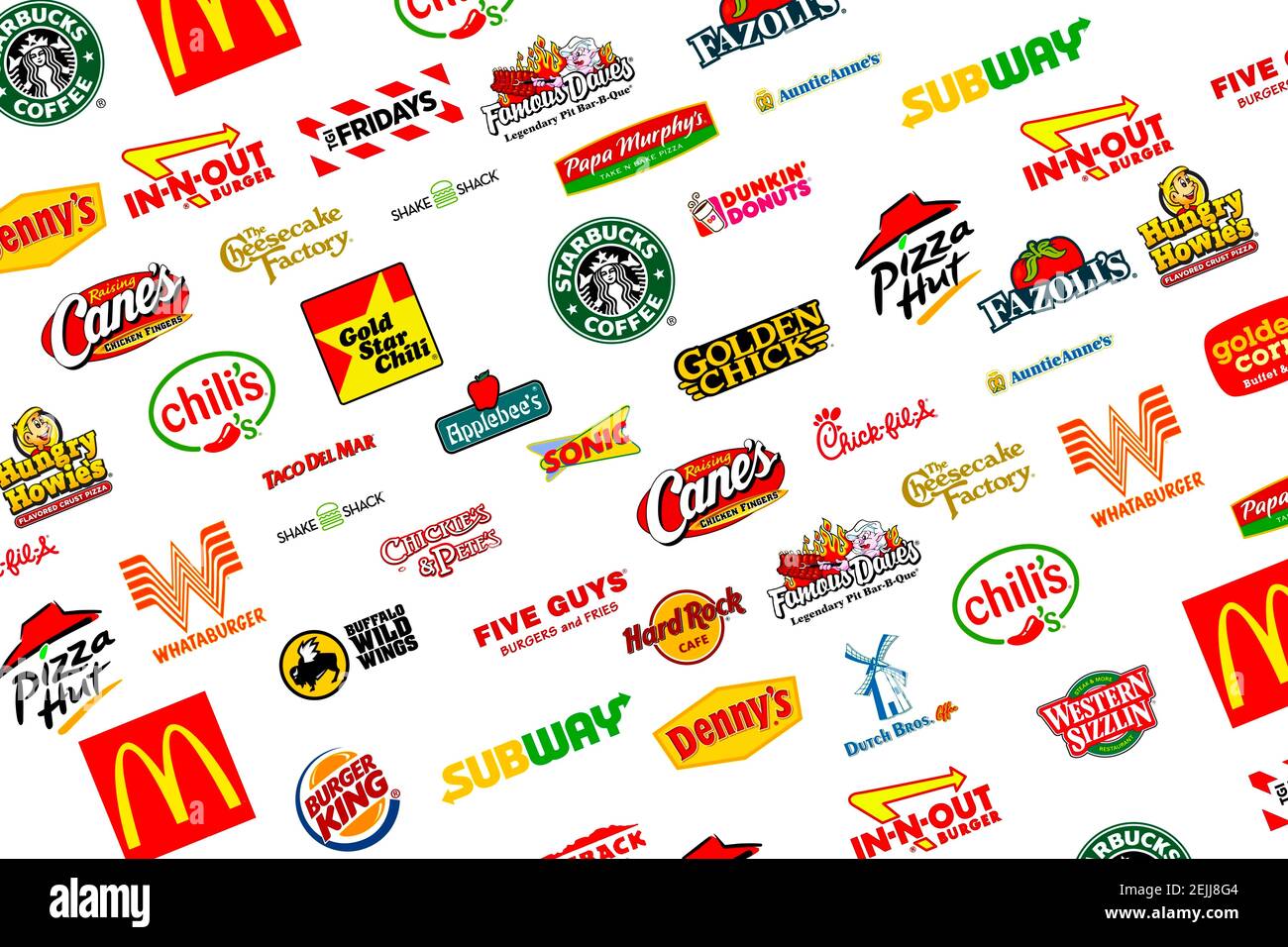 Collezione di logotipi dei più famosi fast-food, ristoranti e caffè Foto Stock