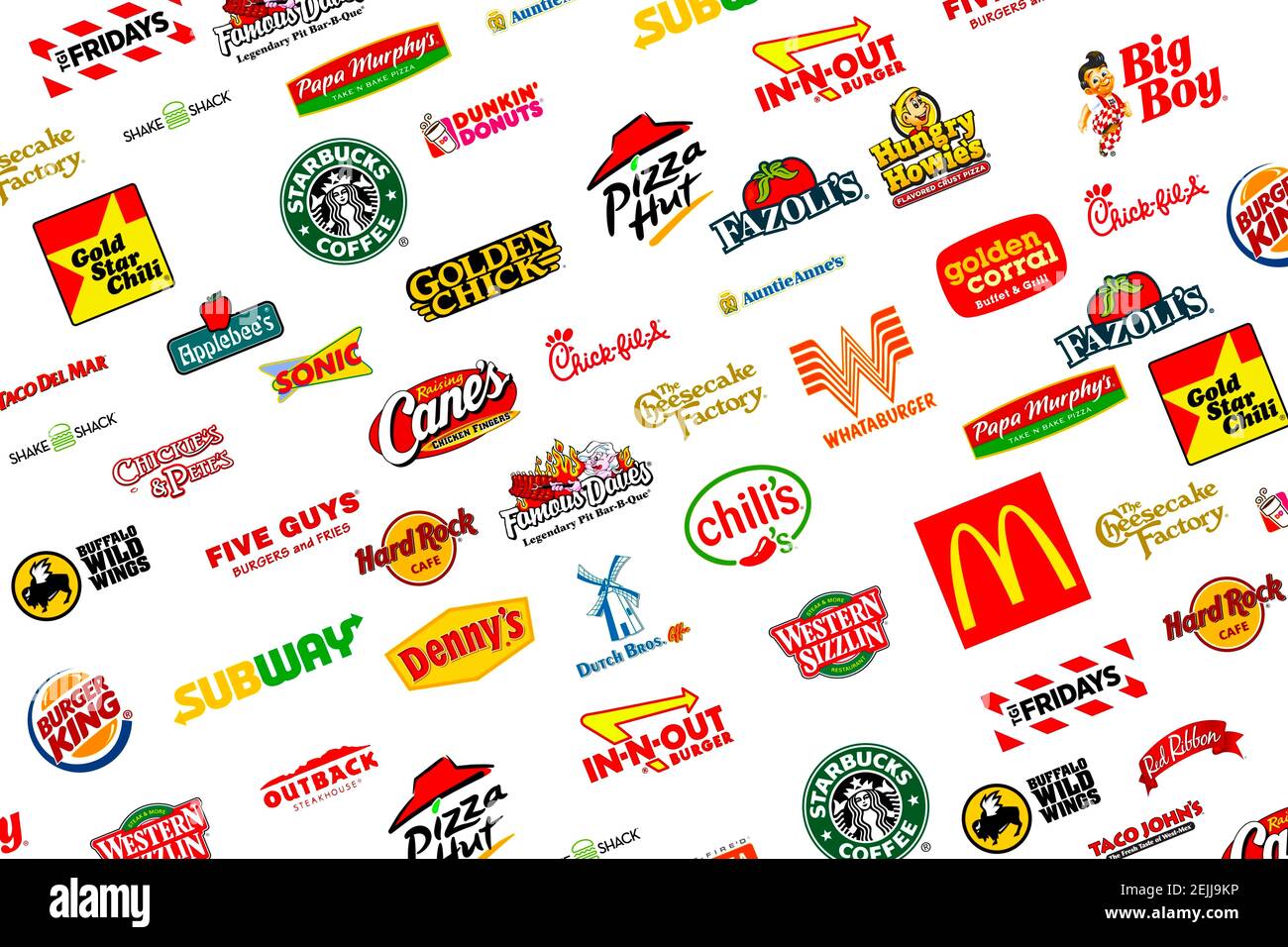 Collezione di logotipi dei più famosi fast-food, ristoranti e caffè Foto Stock