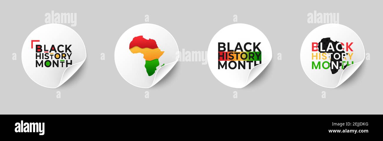 Collezione di adesivi Black History Month con angoli arrotolati. Set di etichette rotonde realistiche con bordo arricciato, elemento di design per le festività nazionali Illustrazione Vettoriale