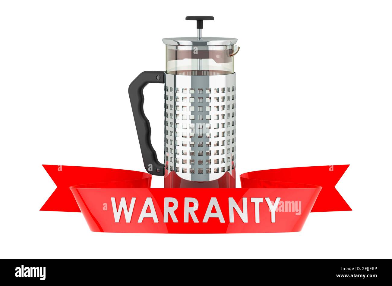 Sistema di stampa francese, concetto di garanzia del pistone del caffè. Rendering 3D isolato su sfondo bianco Foto Stock