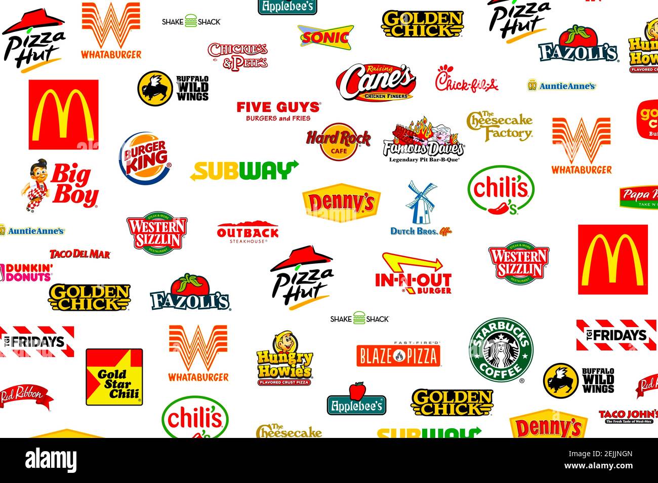 Collezione di logotipi dei più famosi fast-food, ristoranti e caffè Foto Stock