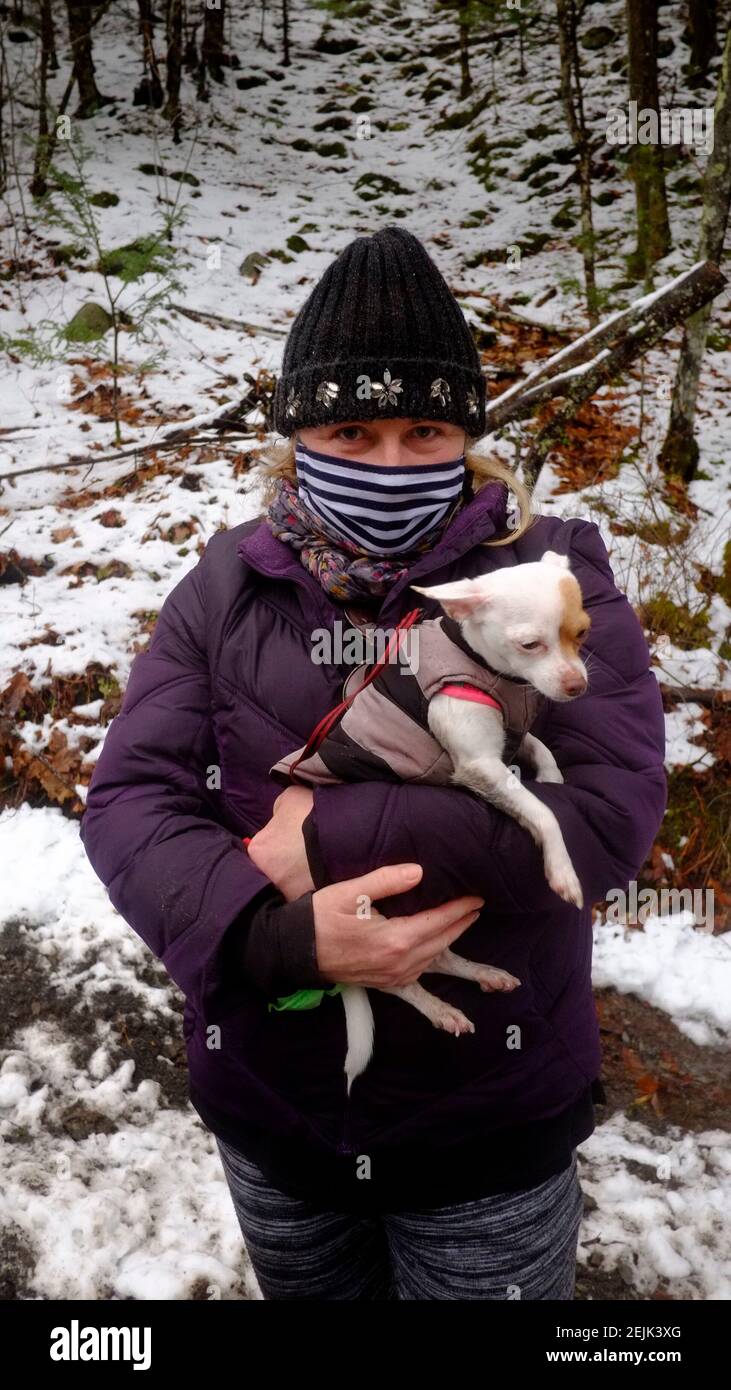 Donna che tiene la sua chihuahua in inverno freddo Foto Stock