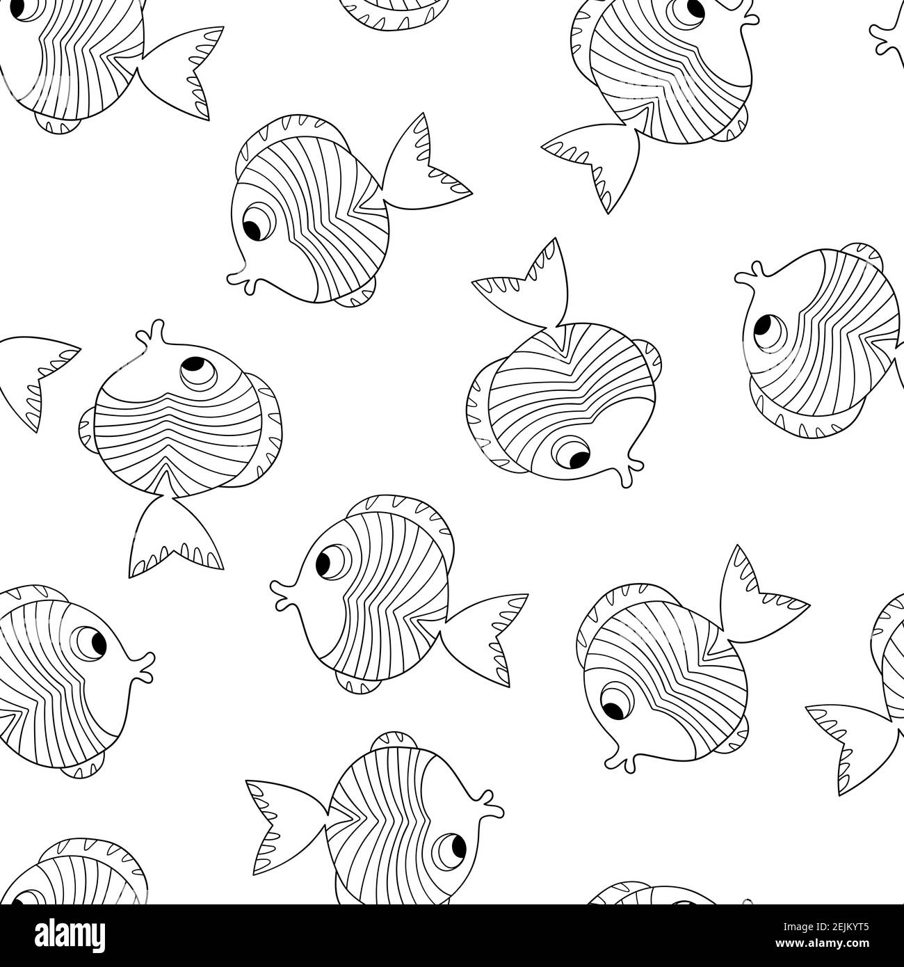 Motivo senza cuciture con una silhouette a base di pesce su sfondo bianco. Illustrazione di animali vettoriali cartoni animati. Adorabile personaggio per carte, carta da parati, tessuto Illustrazione Vettoriale