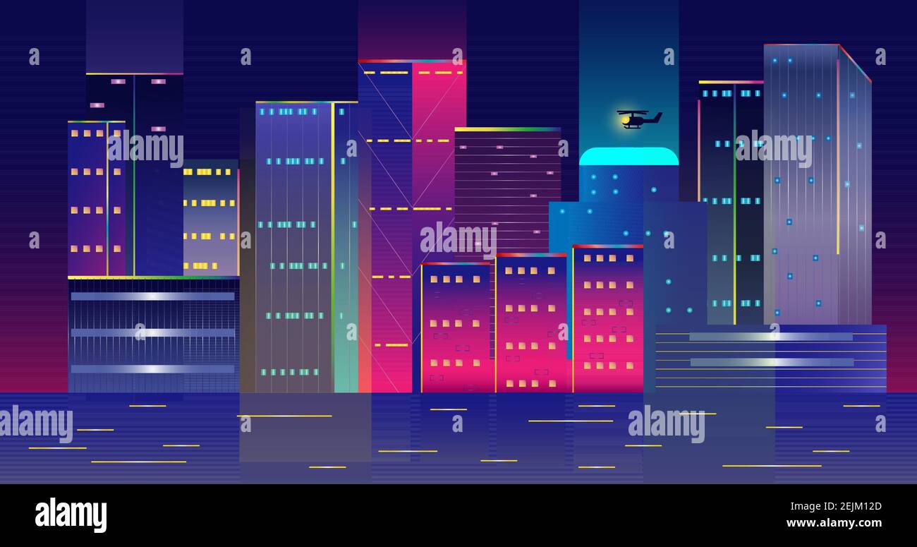Paesaggio degli edifici al neon. Illustrazione vettoriale dell'architettura della città Illustrazione Vettoriale
