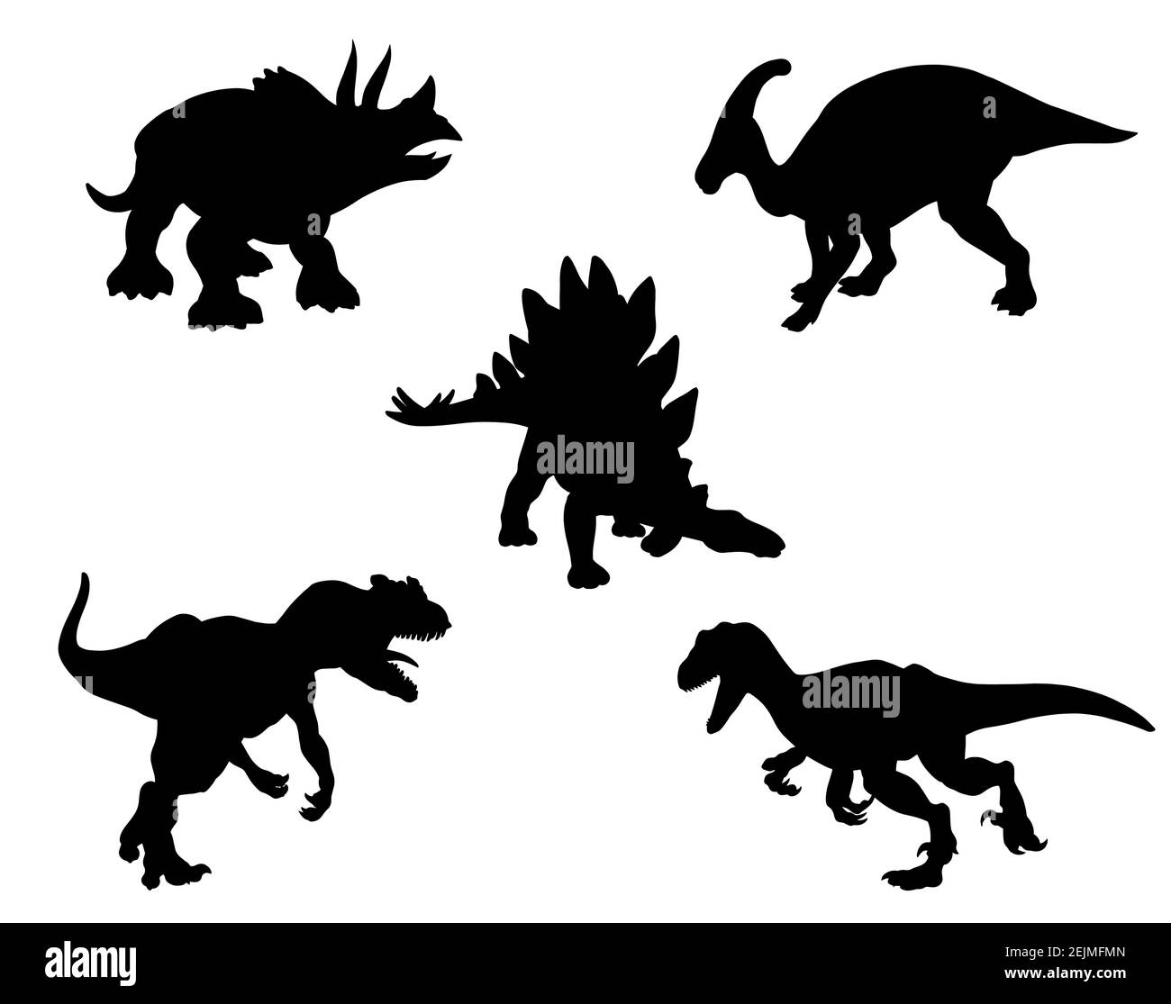 Set di sagome nere di dinosauri isolati su bianco. Stegosaurus, Alosaurus, Raptor, Triceratops, Hadrosaurus, Illustrazione Vettoriale