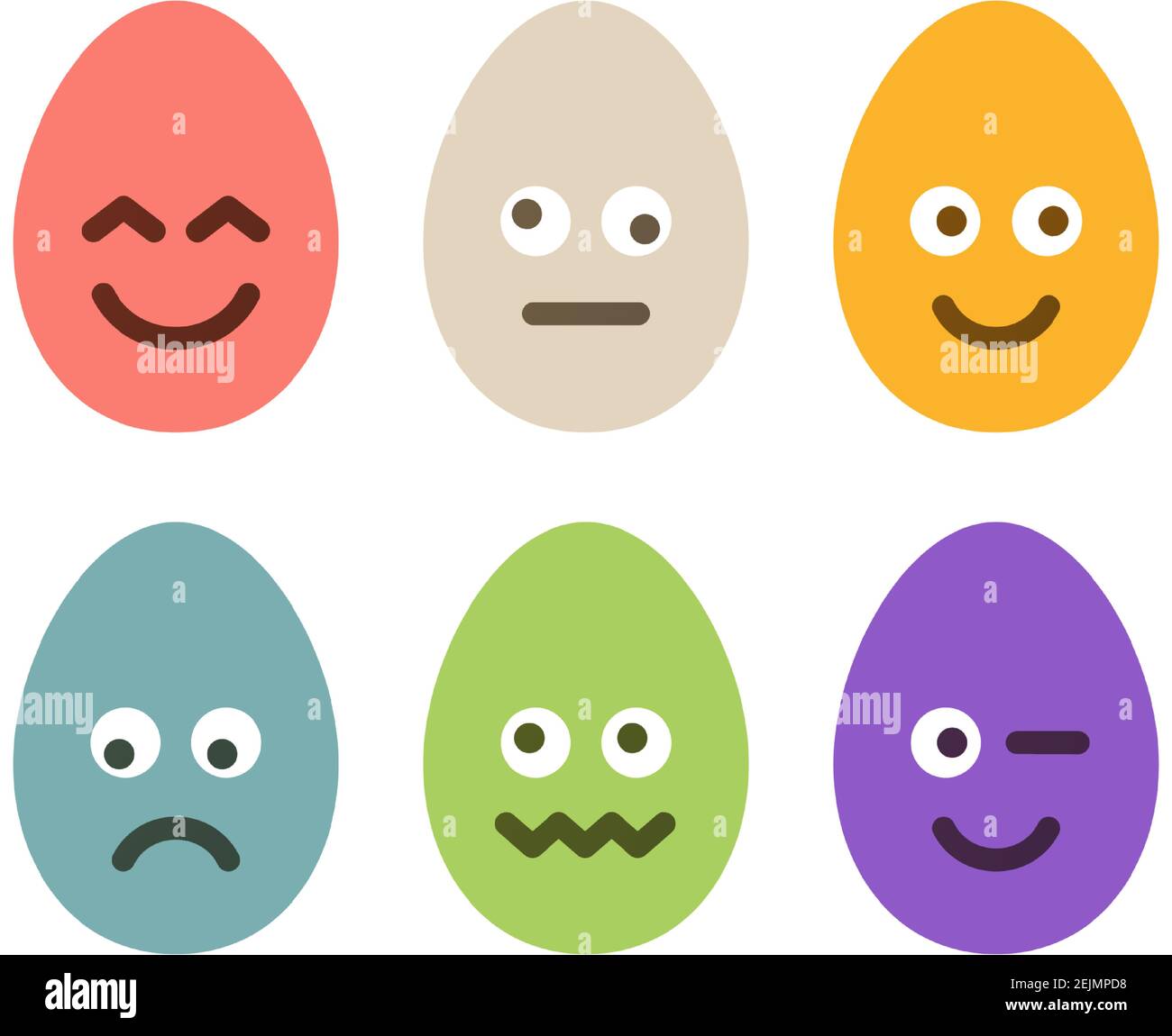 Set di colorate uova di pasqua con emoji. Set di caratteri vettoriali a forma di cartone animato piatto Illustrazione Vettoriale