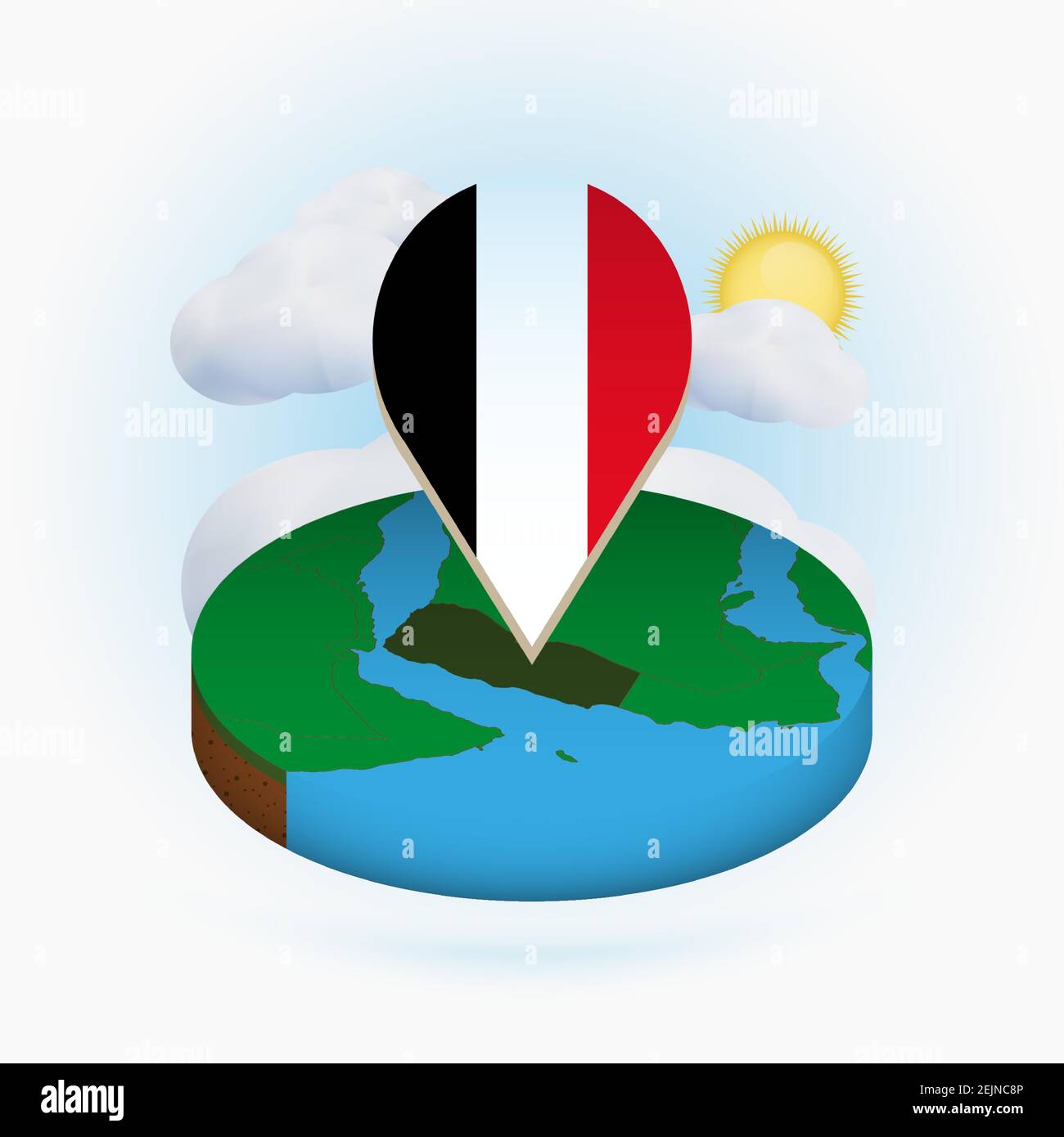 Mappa isometrica rotonda dello Yemen e marcatore con bandiera dello Yemen. Nuvola e sole sullo sfondo. Illustrazione vettoriale isometrica. Illustrazione Vettoriale