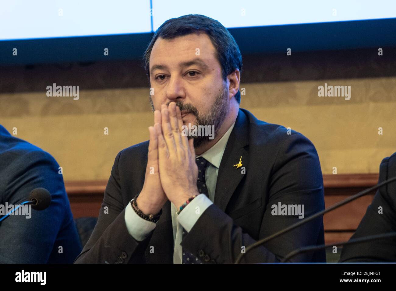 Matteo Salvini, leader del partito politico Lega Nord, parla durante la  conferenza stampa "Coronavirus: Le proposte del partito Lega Nord per la  protezione delle famiglie" a Roma. (Foto di Cosimo Martemucci /