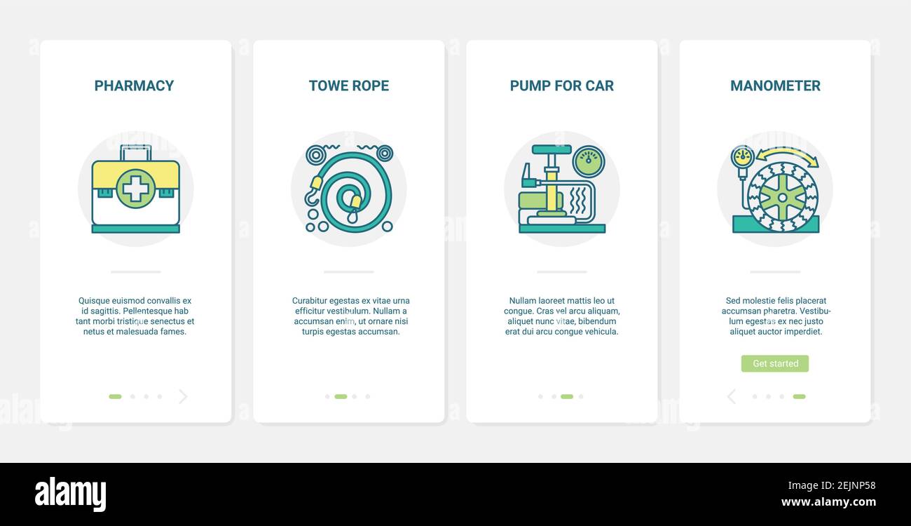 Riparare l'apparecchiatura per l'illustrazione del vettore di servizio di automobile. UX, UI onboarding mobile app page set con linea pompa per auto, manometro, kit di pronto soccorso farmacia, simboli di fune per veicolo di traino Illustrazione Vettoriale