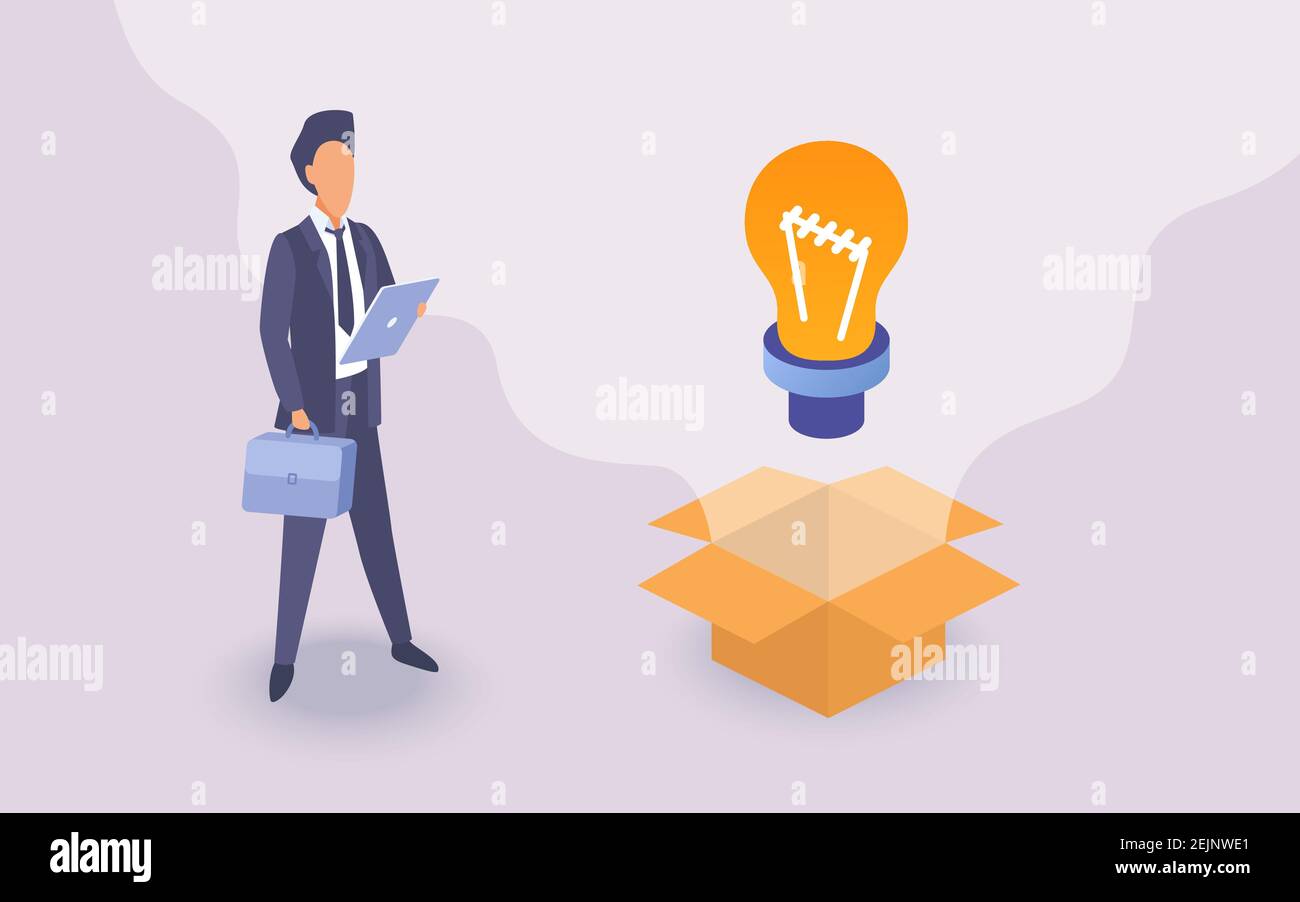 Idea di business, comprensione del concetto di lavoro illustrazione vettoriale. Cartone animato personaggio uomo d'affari che tiene tablet e valigetta, in piedi accanto a lampadina idea creativa, progetto di innovazione sfondo Illustrazione Vettoriale Idea di business, comprensione del concetto di lavoro illustrazione vettoriale. Cartone animato personaggio uomo d'affari che tiene tablet e valigetta, in piedi accanto a lampadina idea creativa, progetto di innovazione sfondo Illustrazione Vettoriale