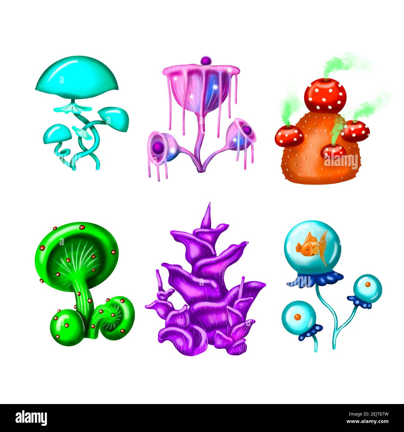 Bella fantasia funghi set. Illustrazione di elementi magici insoliti della natura isolato su bianco. Foto Stock