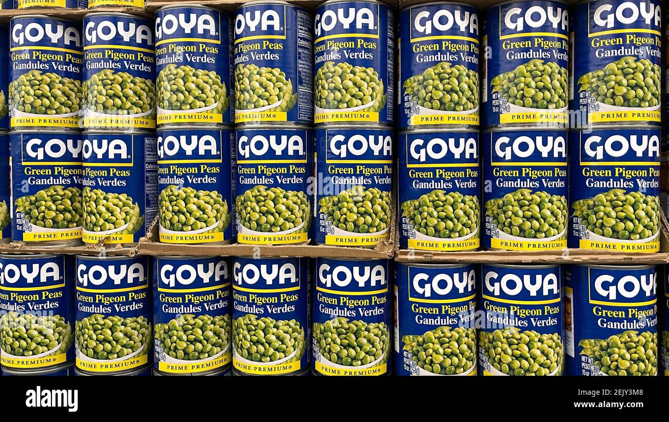 Orlando, FL USA - 8 Febbraio 2021: Mostra di Pigeon Pea Verde in scatola Goya presso un negozio di alimentari Walmart a Orlando, Florida. Foto Stock