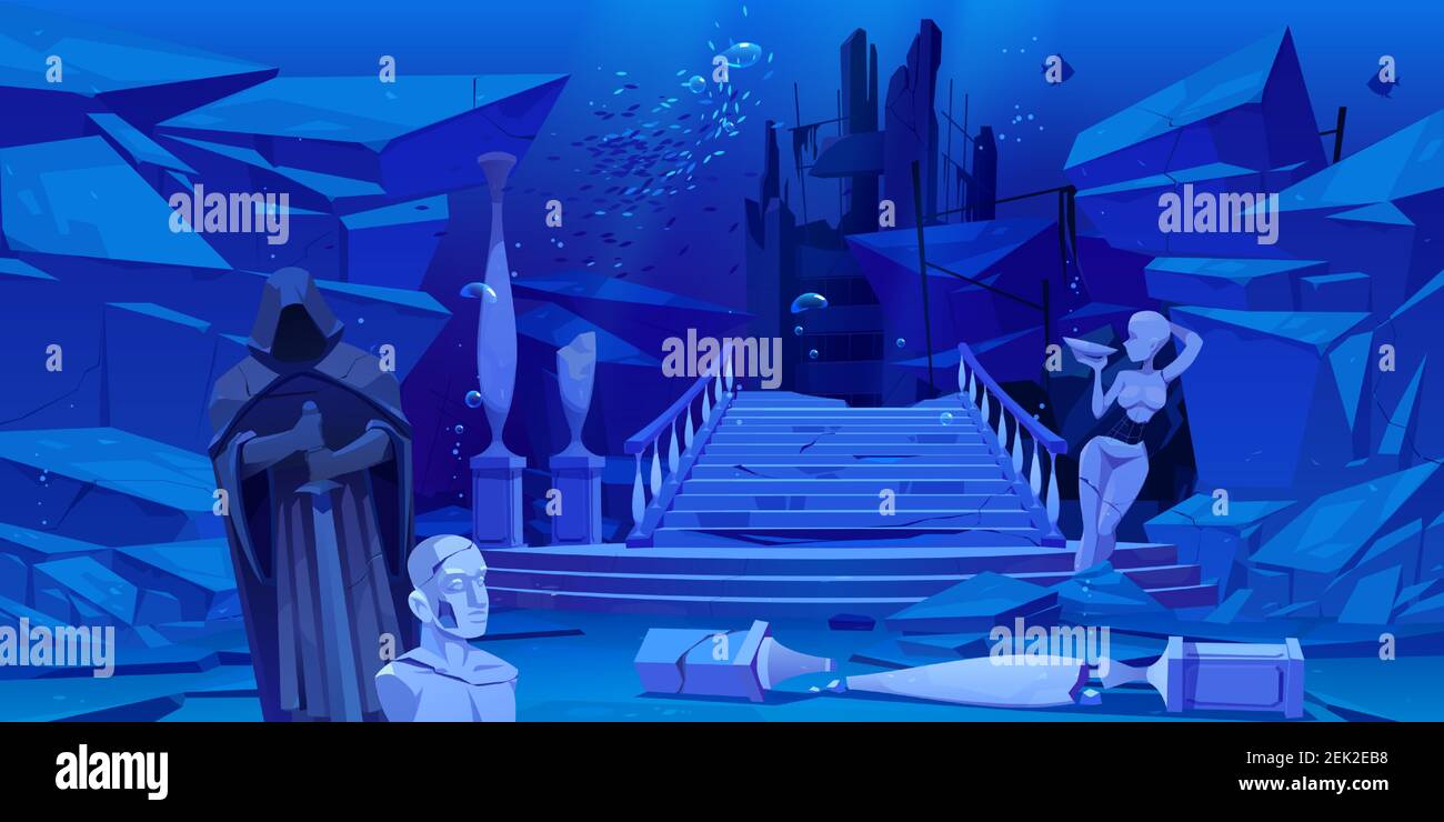Antiche rovine, vecchia architettura sommersa sotto l'acqua in mare o oceano. Cartoni animati vettoriali illustrazione del paesaggio sottomarino con colonne spezzate, statue, edifici distrutti, pietre e pesci Illustrazione Vettoriale