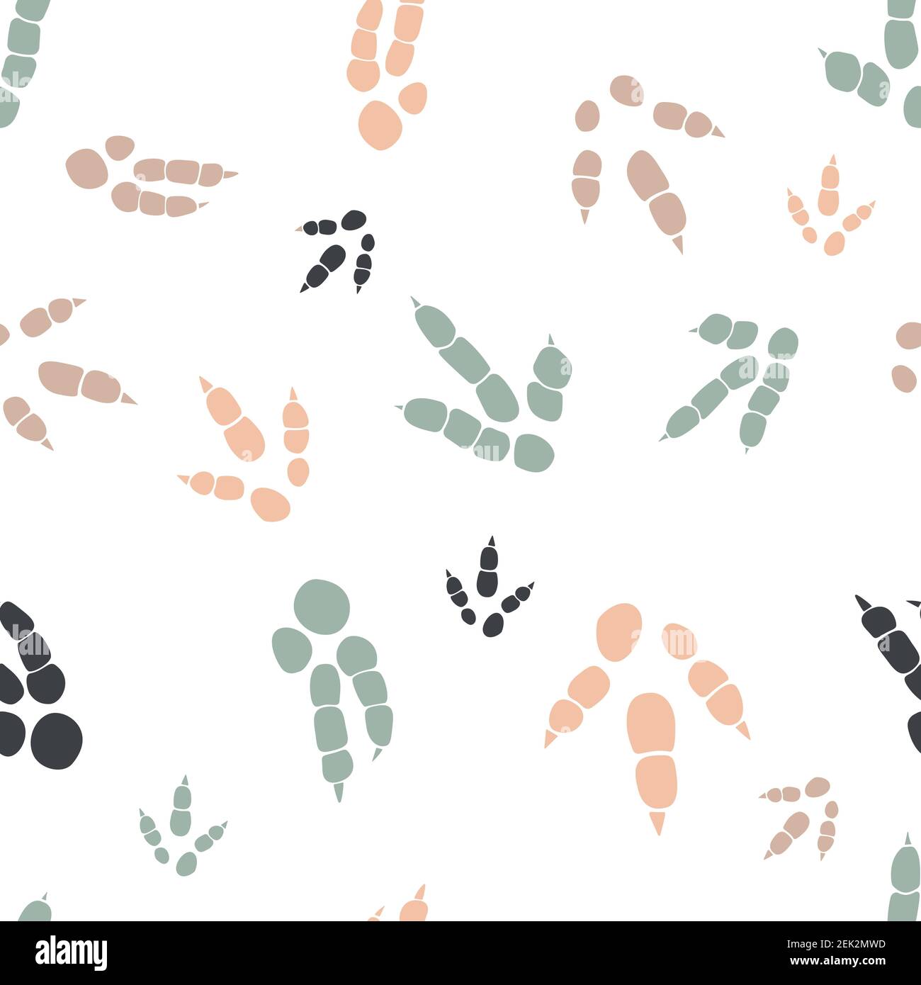 Tracce di dinosauro. Motivo senza giunture a colori minimo. Sfondo con zampa, artiglio predatore. Motivo senza cuciture con impronta dinosauri, perfetto per tessuti, wrap, carta da parati e design Illustrazione Vettoriale
