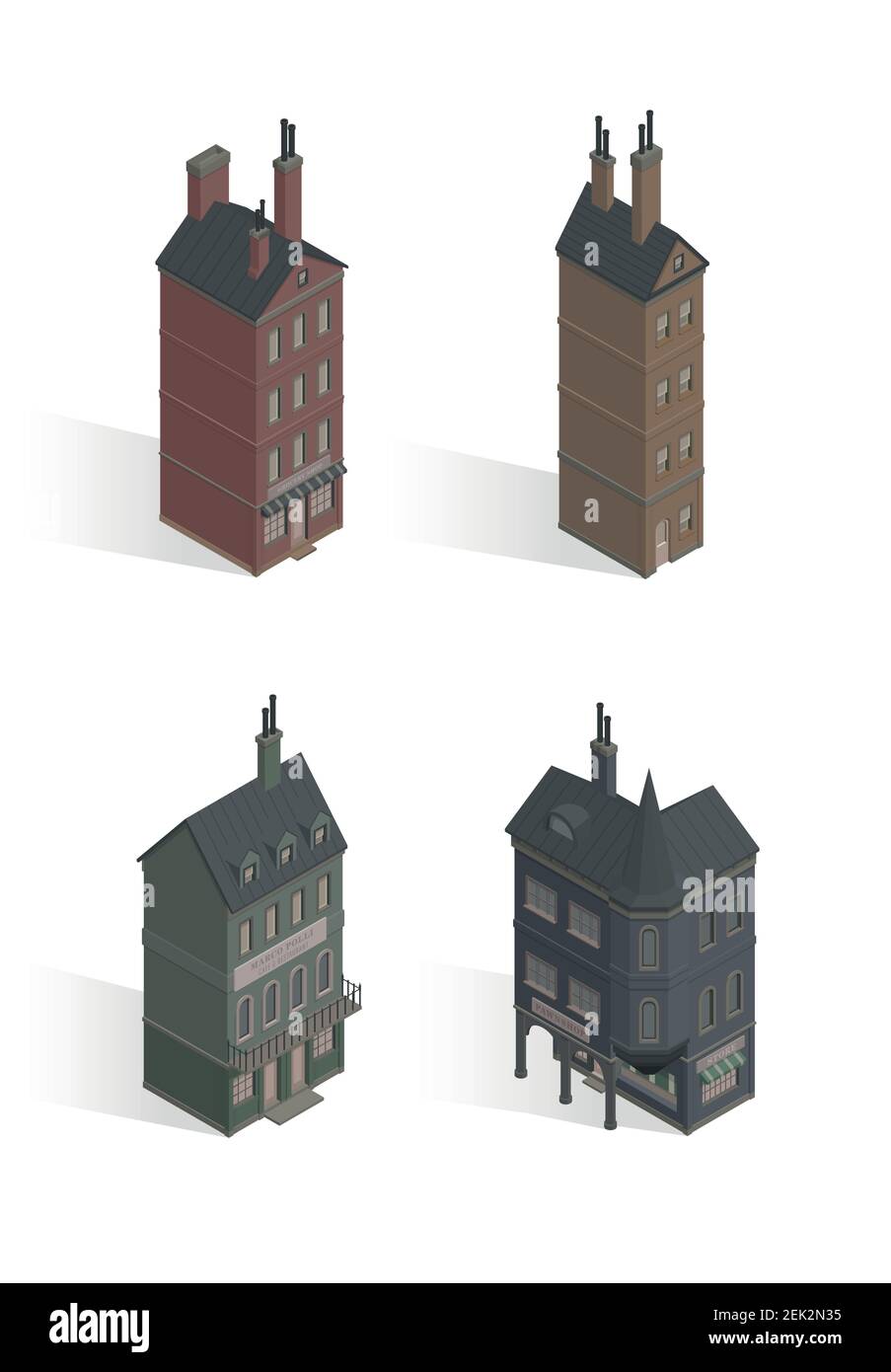 Insieme di case gotiche isometriche vettoriali. Illustrazione vettoriale del blocco vivente d'epoca. Edifici delle fate di Londra. Vittoriano, cupo, scuro e vecchio stile. Illustrazione Vettoriale