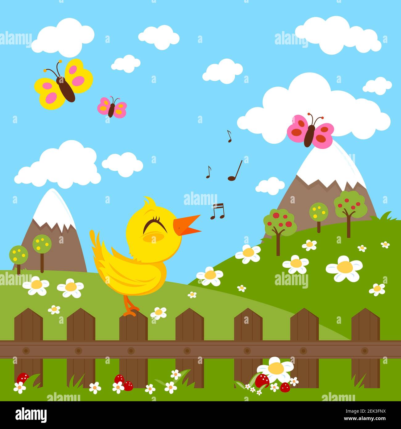 Paesaggio verde prato con un uccello che canta su una recinzione di legno, montagne, fiori e farfalle. Foto Stock